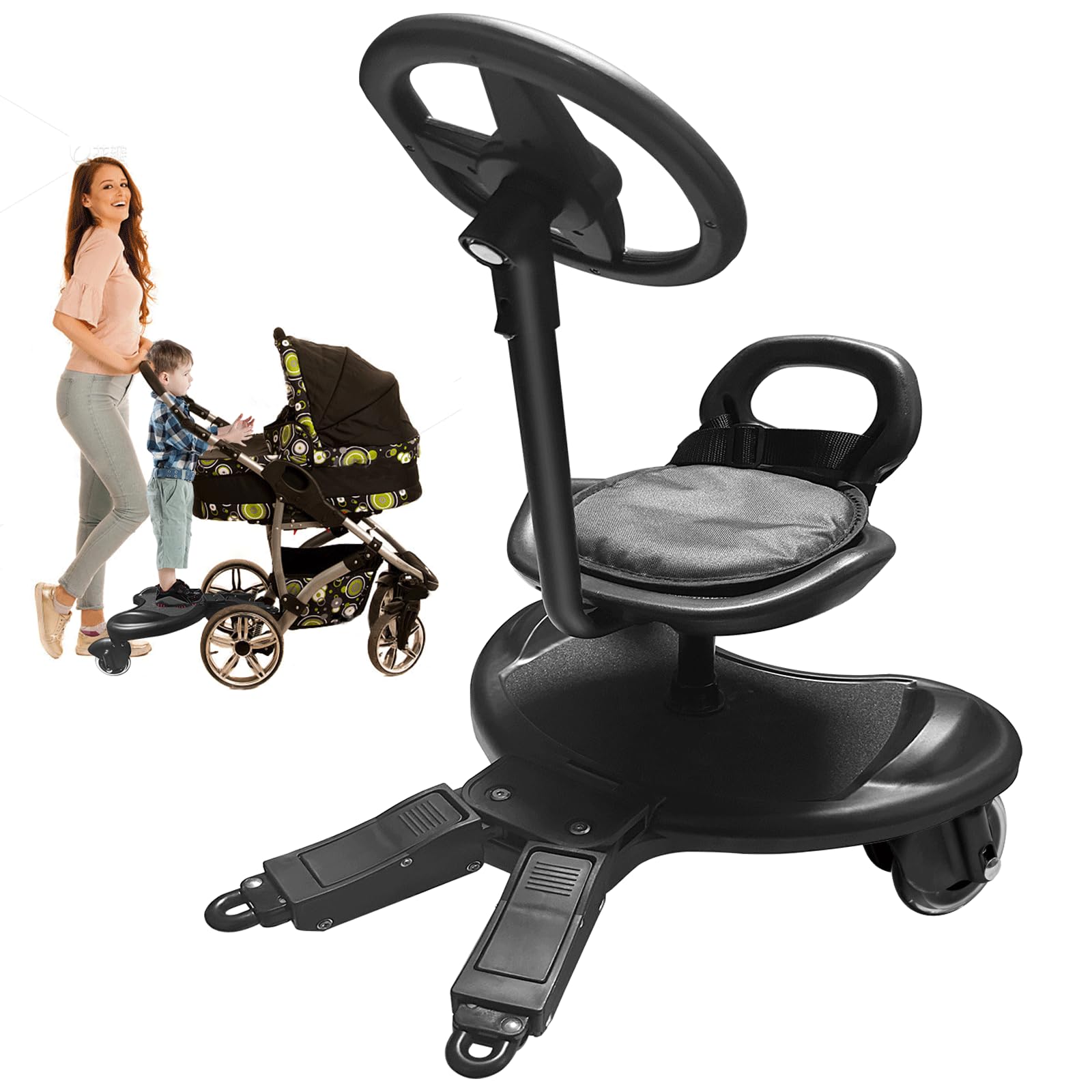 Pedana per passeggino con sedile e volante, pedana universale per tutti i passeggini, girevole a 360°, piattaforma per carretto per bambini da 2 a 6 anni, fino a 50 kg, per famiglie con due bambini