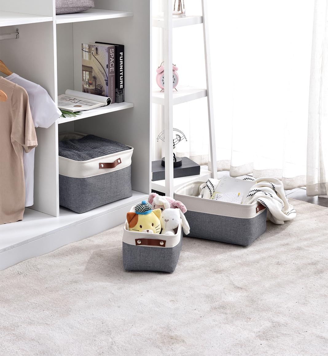 Mangata cajas de almacenamiento de tela para ropa, juguetes, cestas de almacenamiento decorativas con asas de piel sintética, gris frío(Extra grande, Paquete de 4)