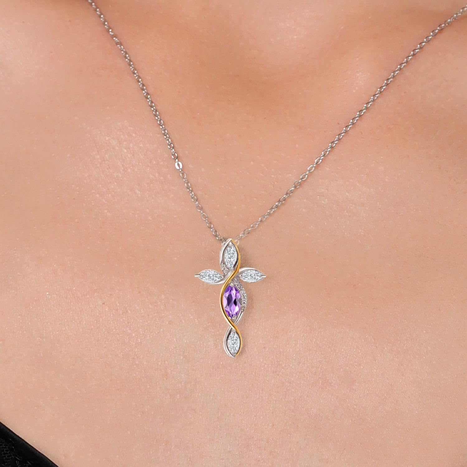 Cross Necklace For Women In 925 Silver and 10K Yellow Gold with Purple Amethyst and White Moissanite | 1.22 Cttw | Jesus Christian Religious Crucifix | Marquise 8X4MM | With 18 Inch Chain