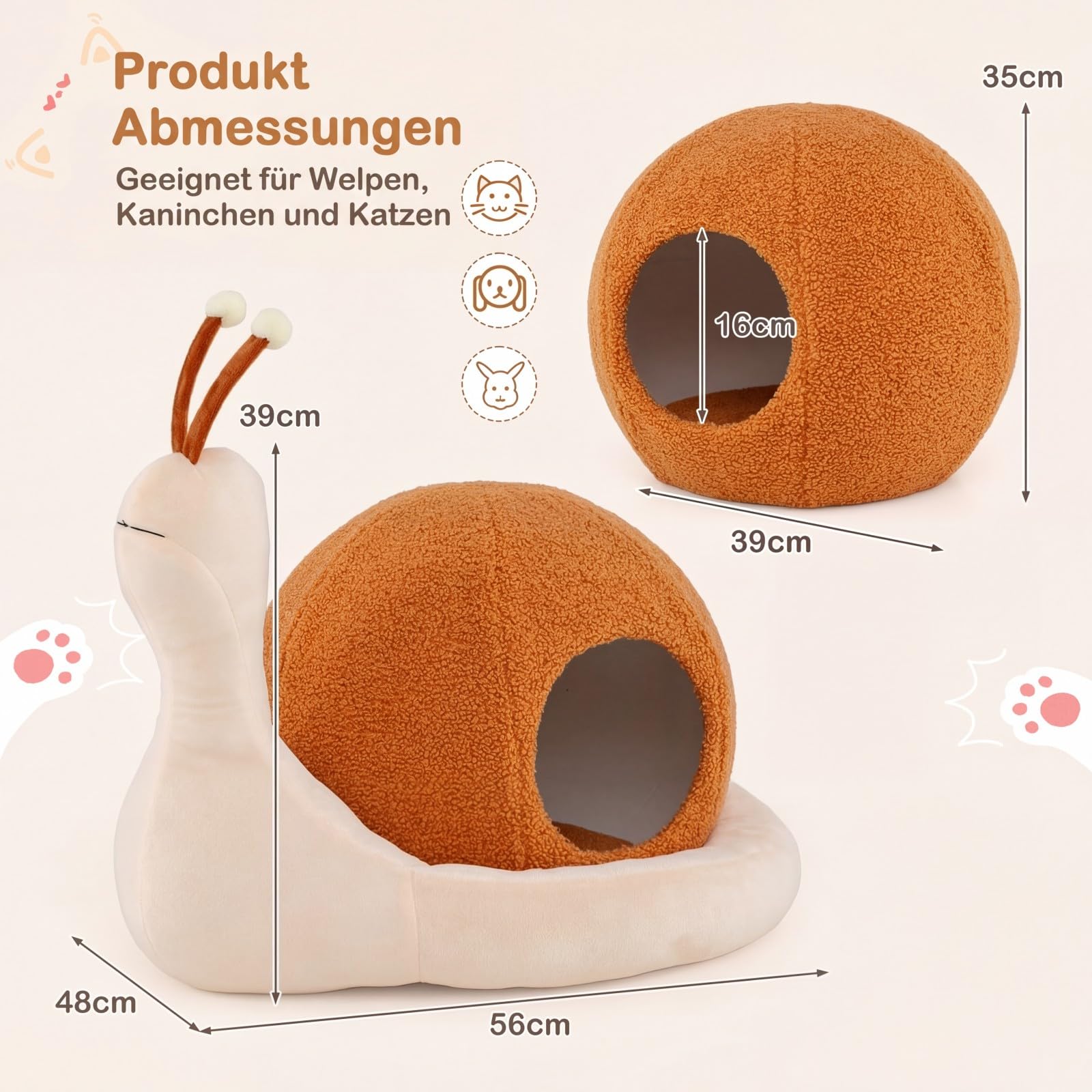 COSTWAY Katzenbett, schneckenförmig, Katzenhöhle mit waschbarem Kissen & Rutschfester Unterseite, Katzenhaus Indoor, Katzenkorb für Katzen Haustier, Braun