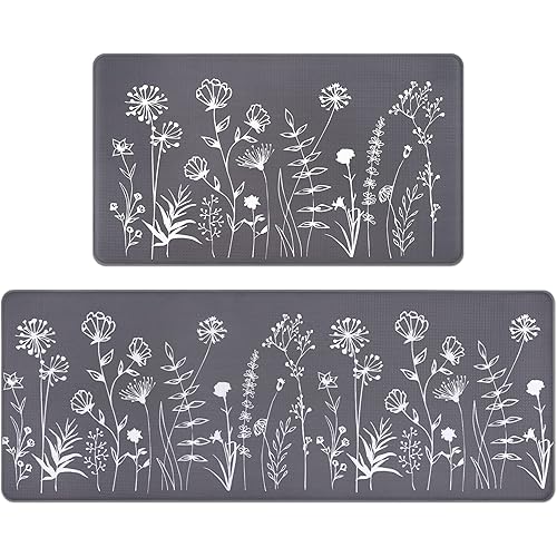 ASPMIZ Farmhouse Kitchen Mat Set Anti Fatigue 2 Piece, Non-Skid Waterproof Kitchen Mats and Rugs Cushioned, Washable Kitchen Rug Flowers Floor Comfort Mats for Kitchen Home, 17 x 47 and 17 x 30 Inches