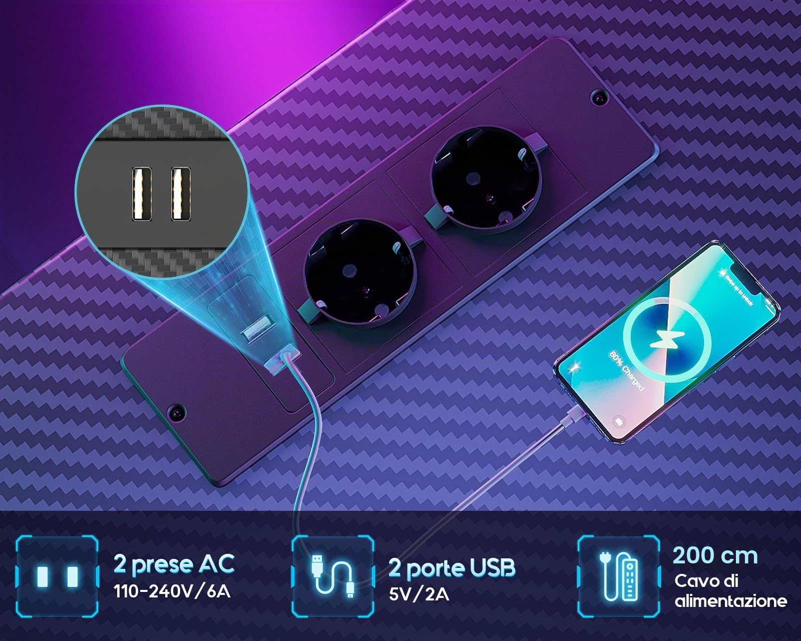 ODK Scrivania Gaming Led con Porta E presa Di USB, Postazione Gaming con Gancio per Cuffie, Tavolo Gamer con Piano Del Tavolo in Fibra di, Scrivania Gamer Angolare Carbonio Nera 130×90 cm