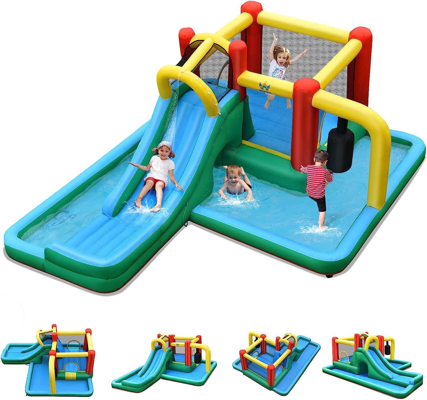 GOPLUS Castillo Hinchable, Inchable Infantil Interior Exterior, Cosido de Material Extra Rueso, Ninos Adecuado de 3 a 10 Años, Con Tobogán, Sastillo Hinchable, 470 x 370 x 190 cm