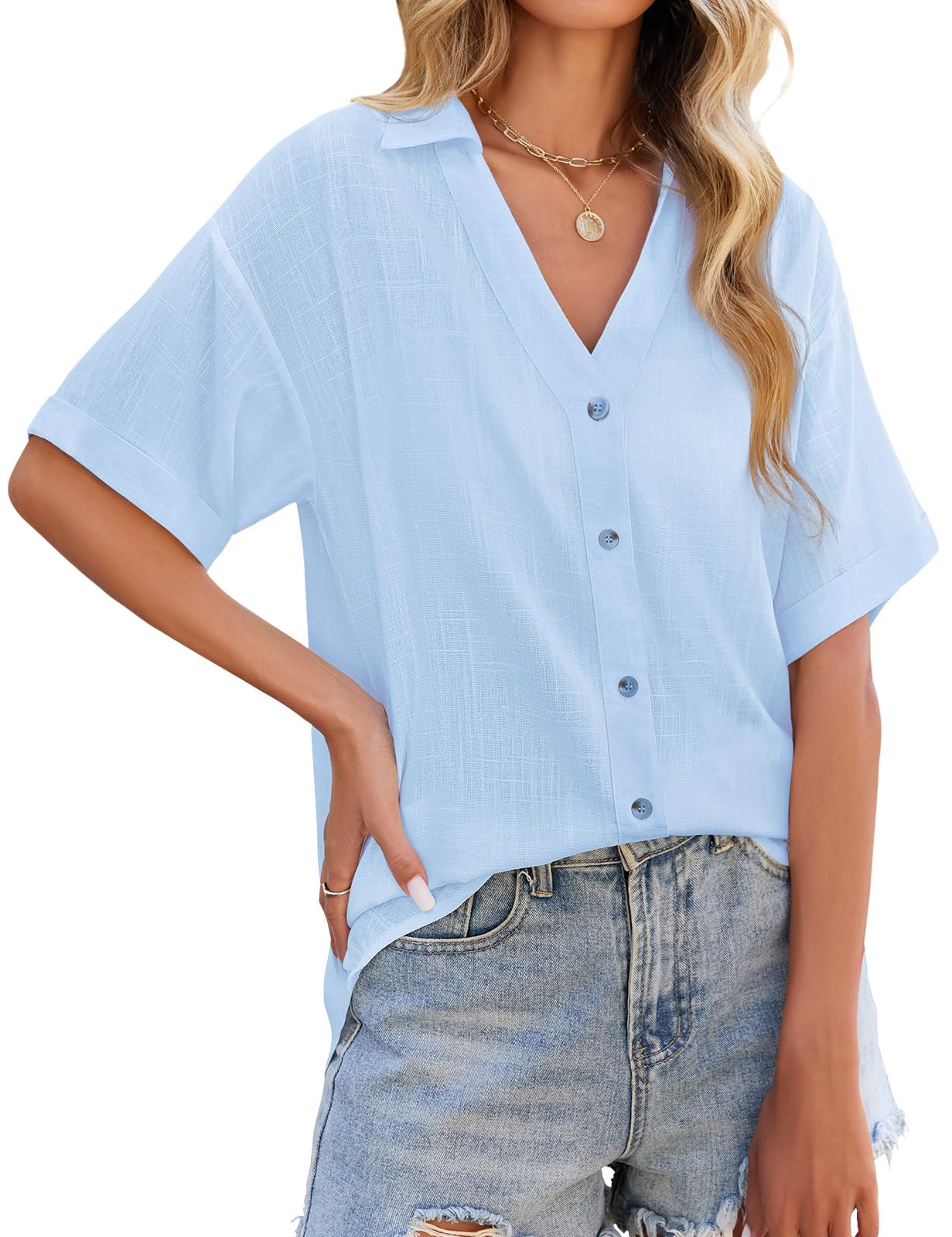 Blusas Mujer Verano Camisa de Lino Elegantes Manga Corta Cuello en V Camisas Casual Suelta Blusa con Botones Camiseta Basicas Shirts Tops