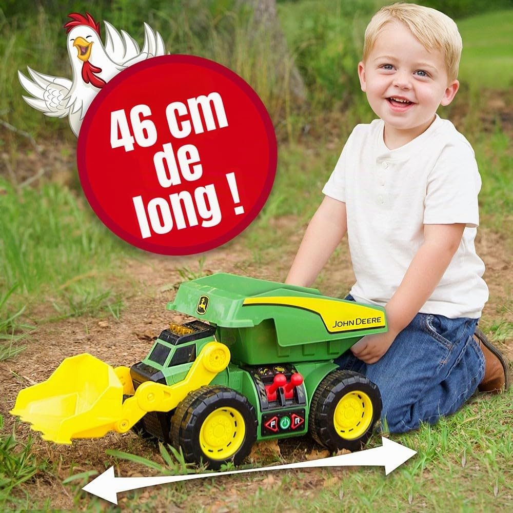 John Deere JD MAXX Power Camion de Chantier 2-en-1 Lumières & Sons, Pelleteuse et Camion Benne Télécommandés, LED, Sons de Chantier, Moteur Électrique, Grandes Roues, Dès 3 Ans