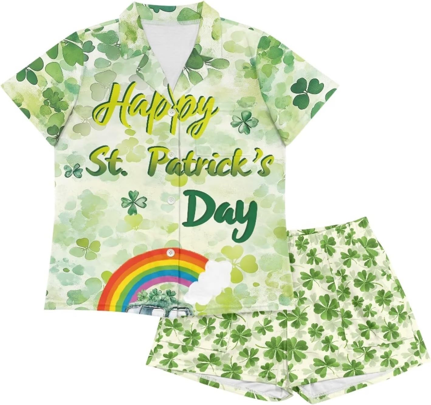St. Patrick's Day Pajamas For Women 3D Print Clover Pattern Sleepwear Everyday Lounge Wear Short-Sleeved Homewear