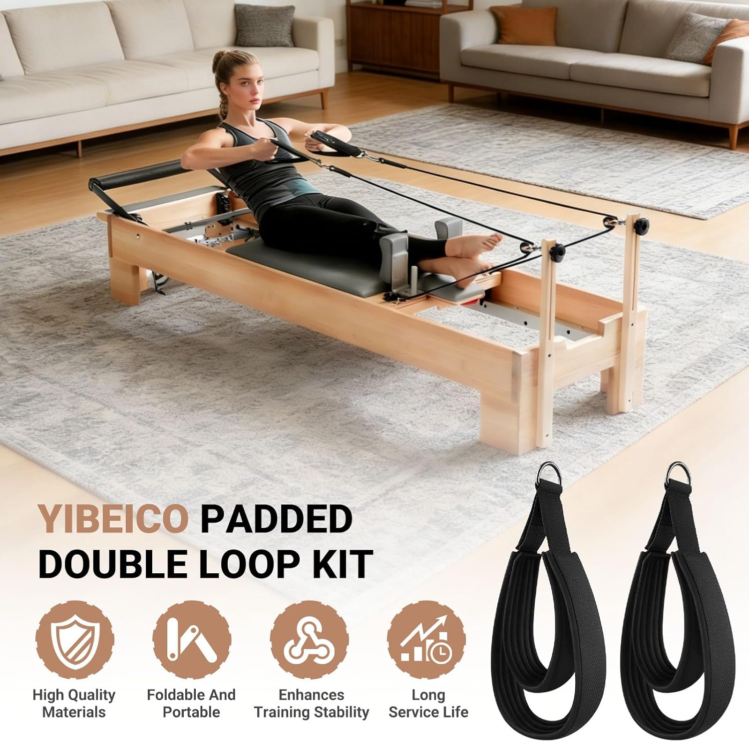 Padded Double Loop Kit for Balanced Body Pilates Reformer, Straps with D Rings for Studio, for Clinical, for Allegro 1 Pilates Reformers Equipment