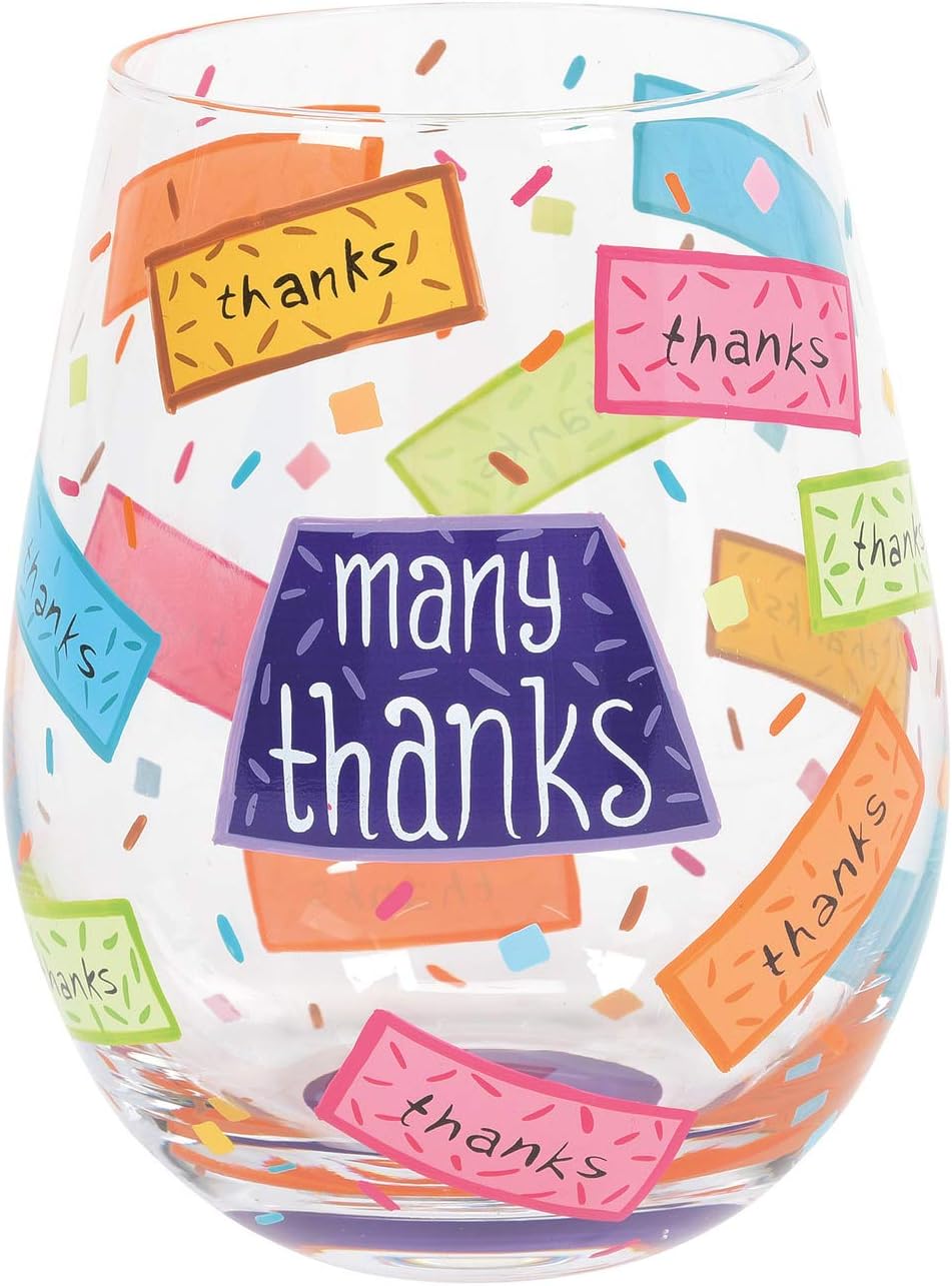 Enesco Designs by Lolita Many Thanks Hand-Painted Artisan Stemless Wine Glass, 20 Ounce, Multicolor