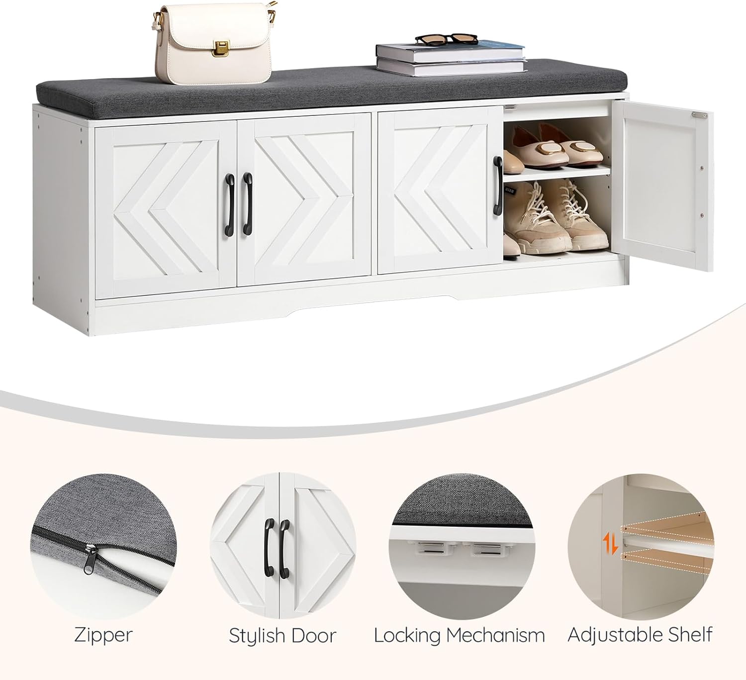 HOOBRO 47.2" Shoe Storage Bench with Cushion, Extra Long Entryway & Mudroom Bench with 4 Barn Doors, Adjustable Shelves, Farmhouse Style, Holds 12–16 Pairs of Shoes, White WG120HX01