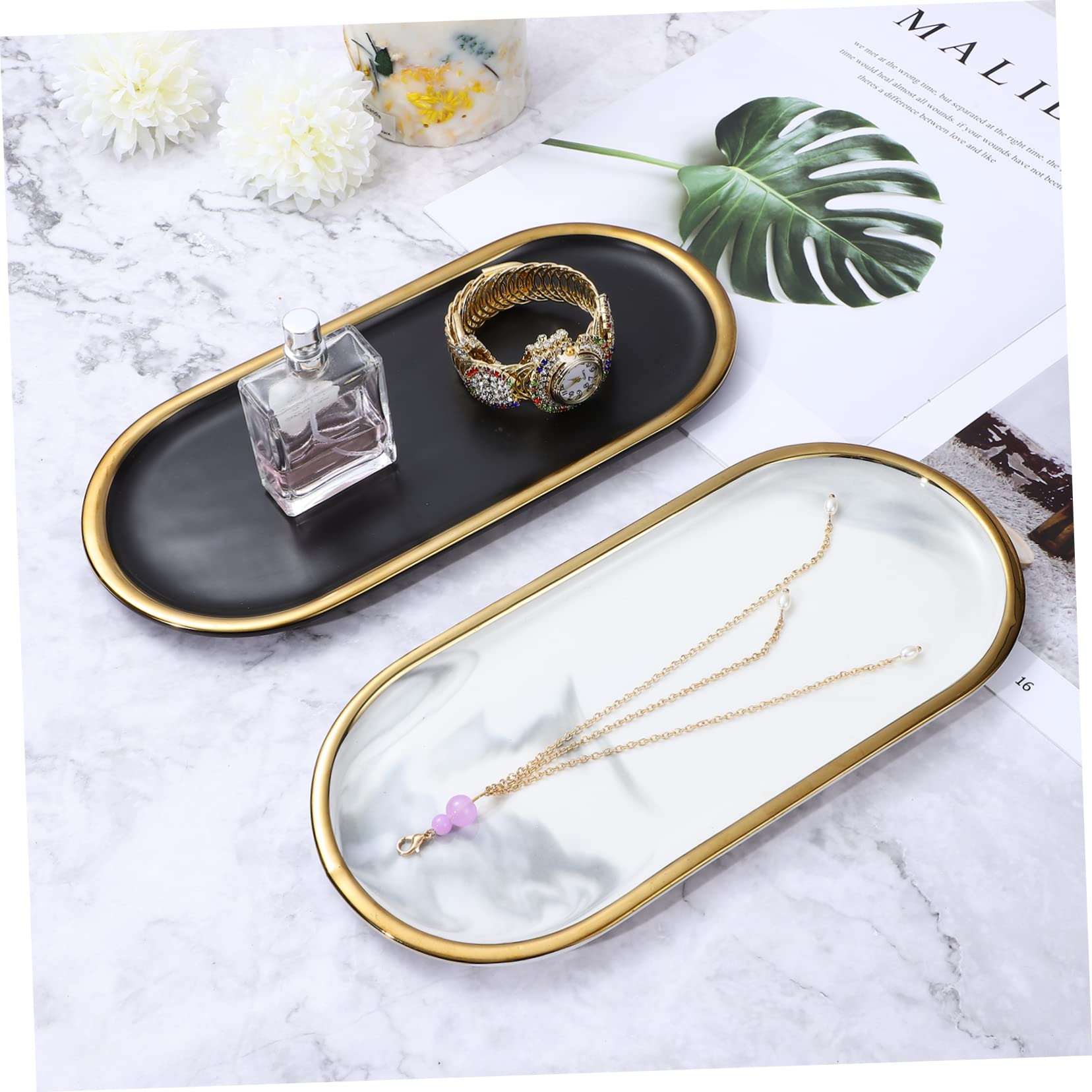 Lot de 2 Plateaux de Toilette en Marbre, Forme Ovale, Finition Brillante, pour Salle de Bain, Rangement Décoratif Élégant, Facile à Nettoyer