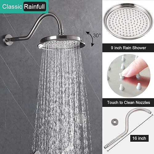 Miniatura 38 de Sistema de ducha antiguo de oro cepillado con chorros: Juegos de grifos de lluvia de 9 pulgadas Conjunto completo de cabezal de lluvia de pared