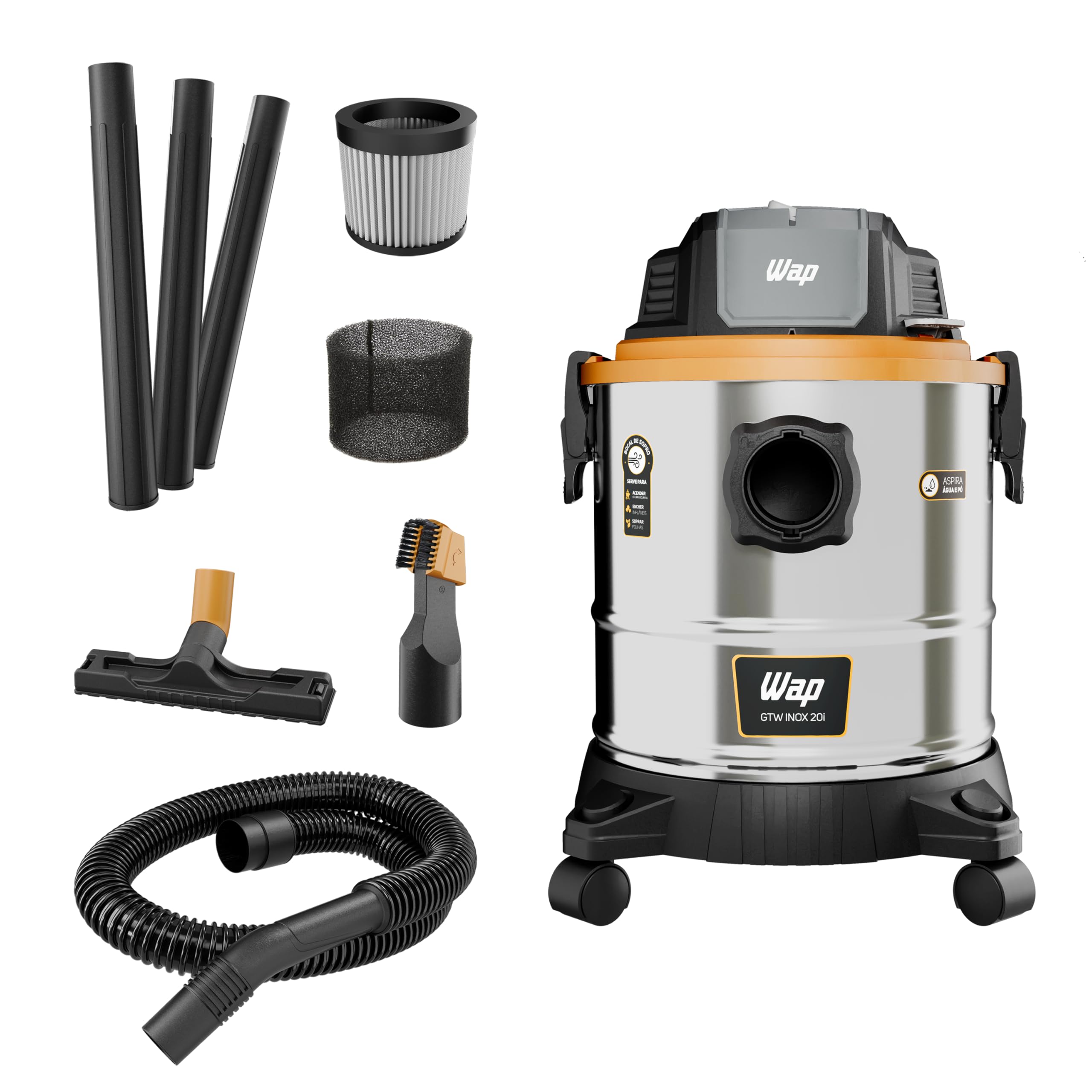 WAP Aspirador de Pó e Água GTW INOX 20i, Compacto, 20 Litros, com