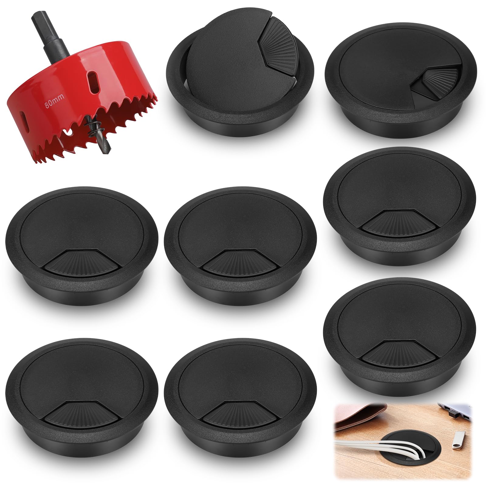 8 PCS Desk Grommet 80 mm, Round Plastic Desk Cable Grommet with Metal Hole Saw
