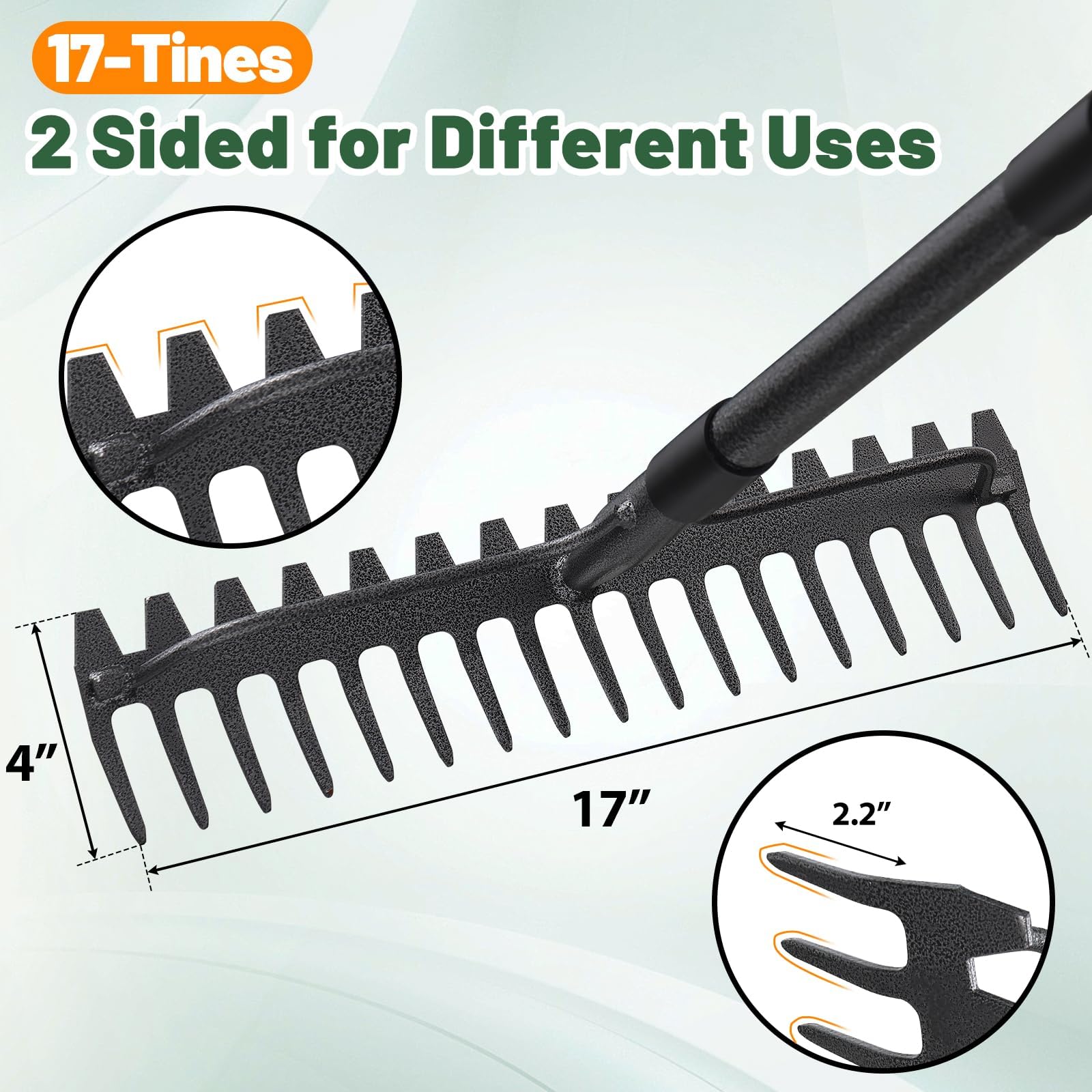 Garden Rake, Bow Rake Heavy Duty with 17 Tines, Garden Lawn Rake with Stainless Steel Handle 150 cm, Metal Rakes Garden Tools - 3