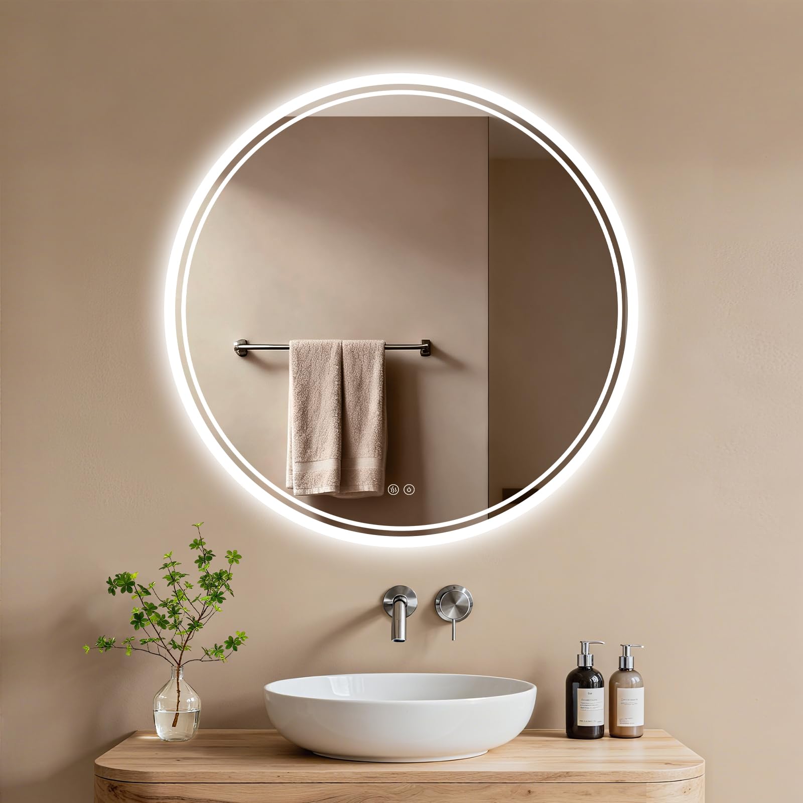 Archaluxe 500mm Round-Bathroom-Mirror-with-LED-Lights,Illuminated Wall Mounted Smart Mirror with Anti-Fog,Touch Sensor, 3 Colors Dimmable, Memory Function IP44 LED-Bathroom-Mirror — image 1