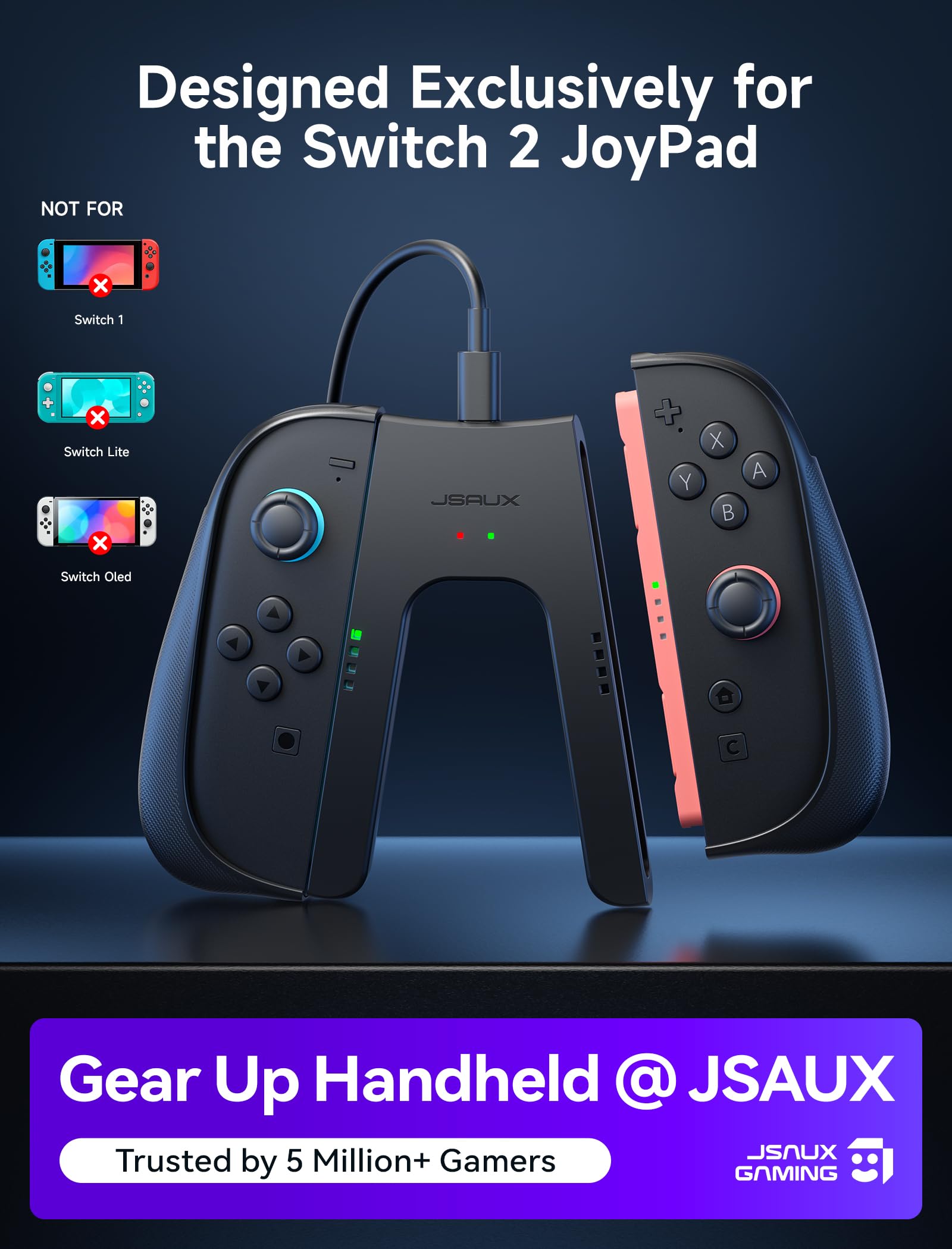 JSAUX Antypoślizgowy, ergonomiczny uchwyt ładujący do Switch 2, magnetyczny uchwyt kontrolera do JoyPadów Switch 2, możliwość grania podczas ładowania z diodą LED i kablem 1,5 m – czarny