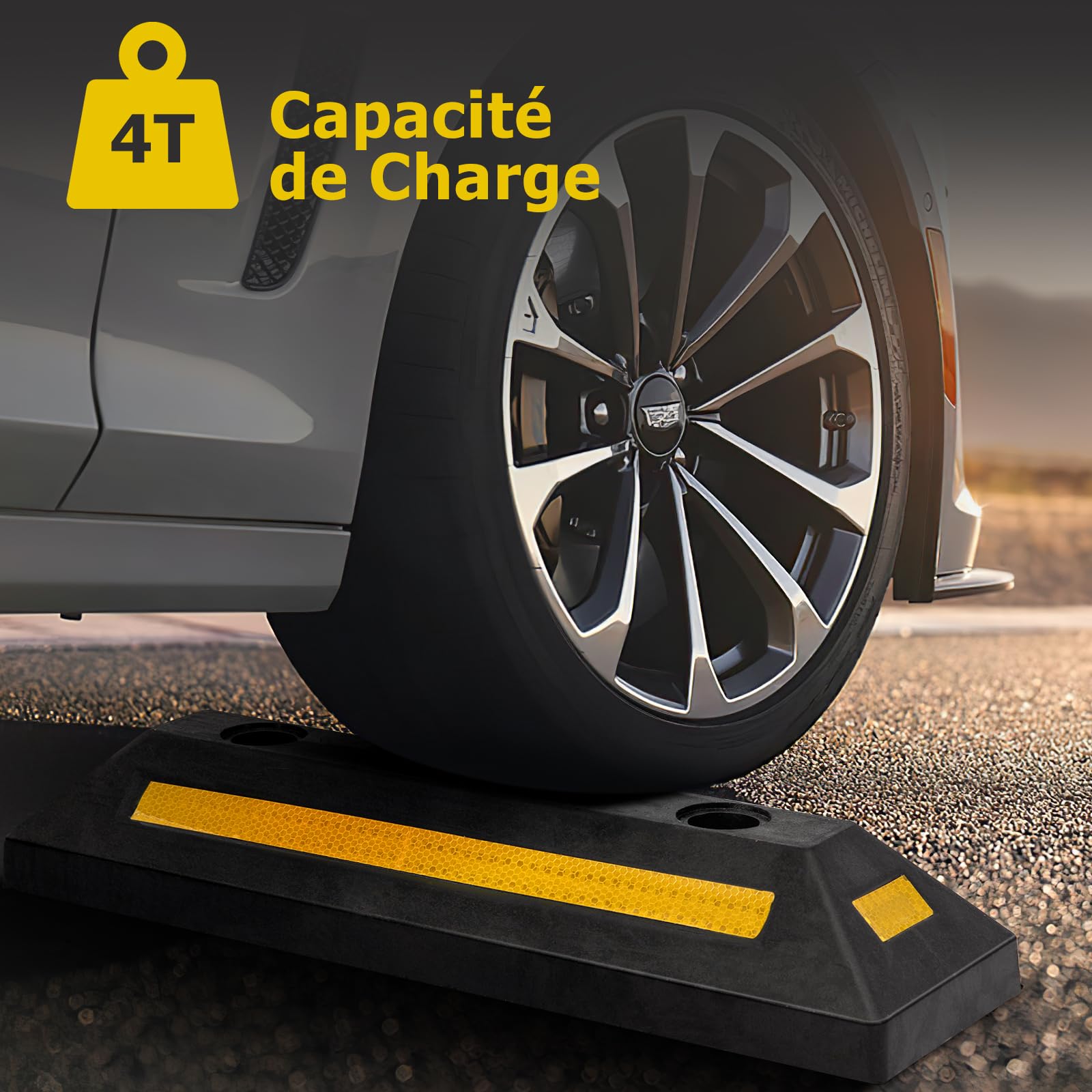 GOPLUS Lot de 2 Butées de Roue pour Stationnement De Véhicule, Caoutchouc Durable et Robuste, Bandes Réfléchissantes, Intérieur Extérieur, pour Pneus de Voiture, Camion, Camionnettes, pour Garage