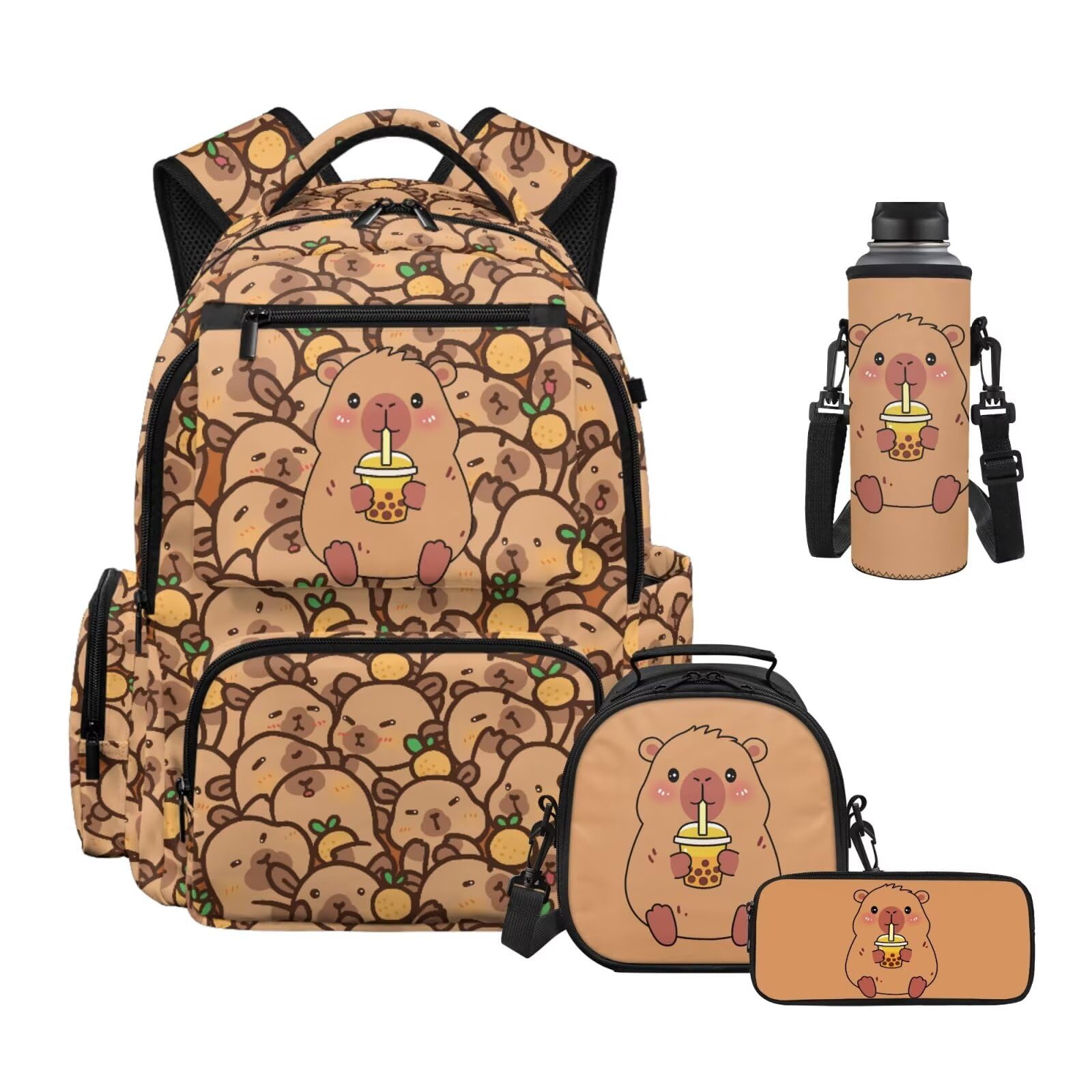 Howilath Mochila De Niña - Set zaino e portapranzo per bambine dai 6 agli 8 anni, 8-10 anni, 10-12 anni, 4 pezzi, con astuccio, custodia per bottiglia d'acqua, Capybara Bere Bubble Tea, L, Classico