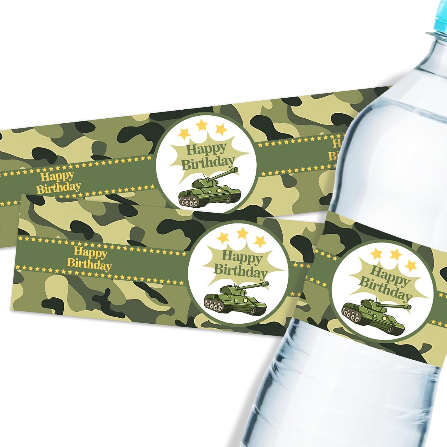 32PCS Tank Happy Birthday Water Bottle Labels, Army Camouflage Birthday Water Bottle Stickers for Boy, Army Military Water Bottle Wrappers, Camo Themed Party Decoration