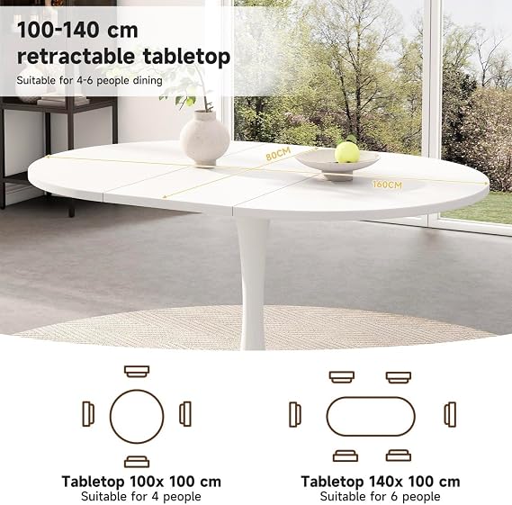 Oval Extendable Dining Table for 4-6 Seater, Space-Saving Table for Living Room Kitchen, Length 100-140cm