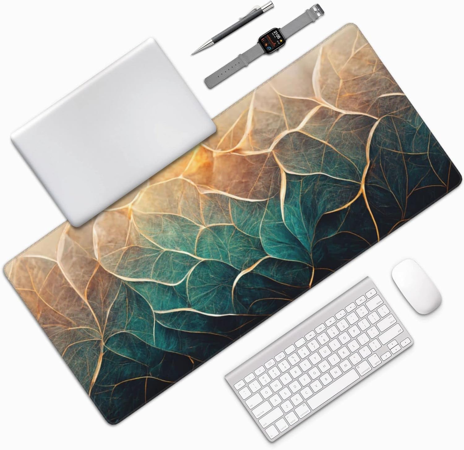 Gaming Mouse Pad,Large Mouse Pads for Desk,Non-Slip Rubber Base Extended Mousepad,XXL Keyboard Mouse Mat,Computer Keyboard Desk Pad with Stitched Edges,35.4x15.8inch,Abstract Blue Gold Floral Marble