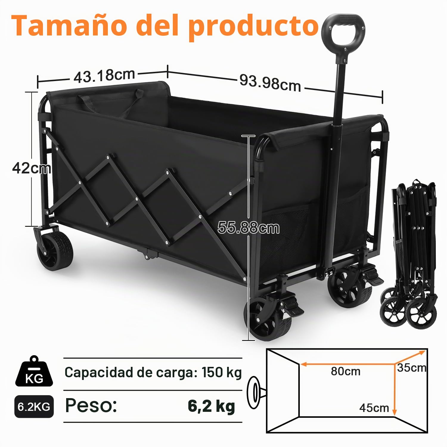 Carro Plegable de Mano, ACELIFE 150L Carrito Plegable con Ruedas con Mango Ajustable, Ruedas Todoterreno Capacidad de Carga de 150 kg para Camping, jardín, Exterior
