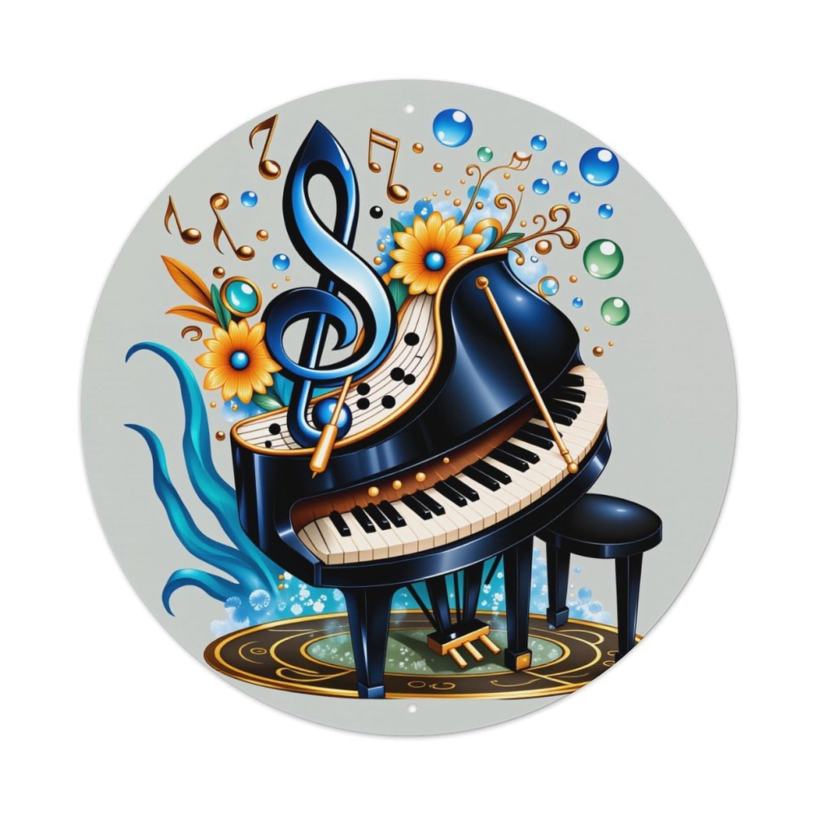 Musical Piano Notes Flowers Bubbles Round Tin Sign Vintage Metal Poster Retro Bar, Home, Man Cave, Kitchen, Laundry Room Wall Art Decor Gift 8x8Inch