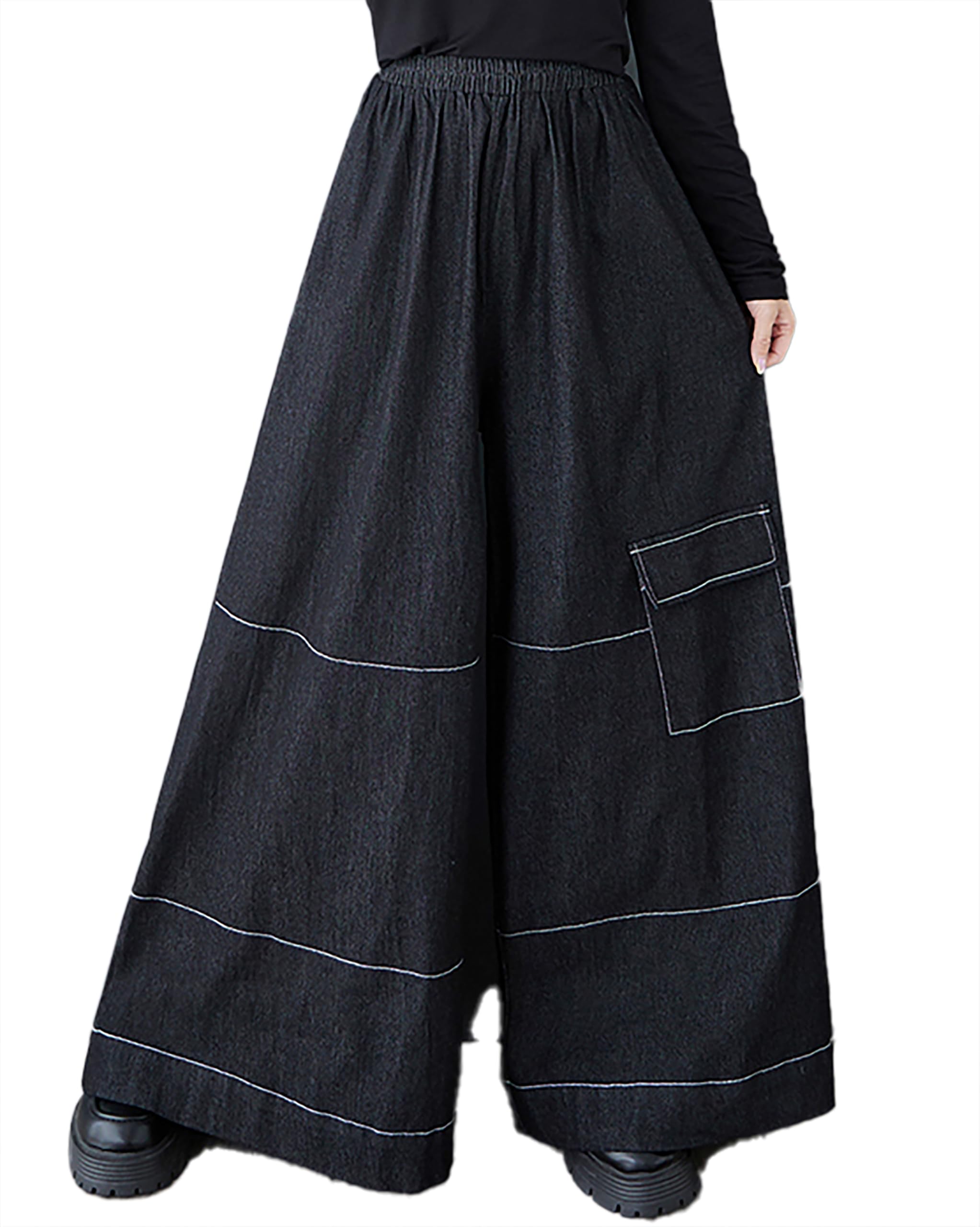 ellazhu Womens Pants Wide Leg Elastic Leg Two Side Pockets Flowy Straight Hem Strings Oversize Loose Casual GZ386