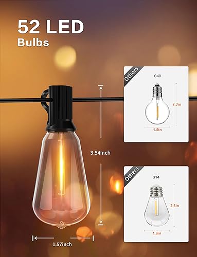 Miniatura 7 de Tira de luces LED para exteriores de 100 pies con 52 bombillas Edison vintage ST38 inastillables, impermeables, conectables, para patio, porche,