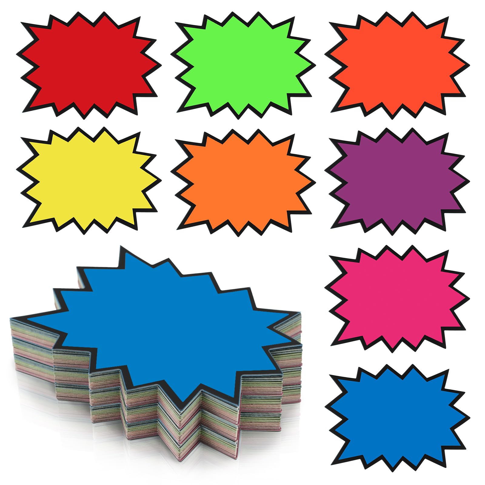 joycraft 80Pcs Price Sign for Retail, 7x5.5 Fluorescent Neon Signs, 8 Styles Burst Star Sale Signs with 100Pcs Adhesive Dots, Paper Price Sale Tags
