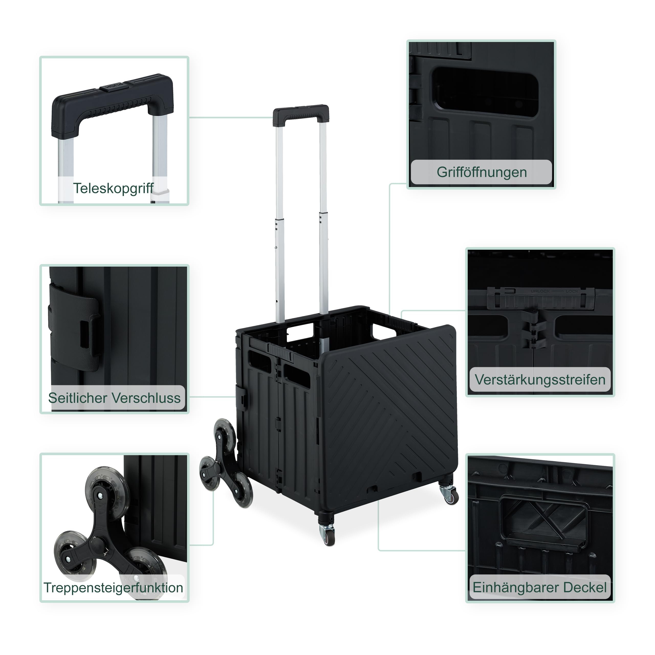 Relaxdays Einkaufstrolley Treppensteiger, klappbar, Einkaufskorb mit Rollen, Deckel, Teleskopgriff, bis 35 kg, schwarz