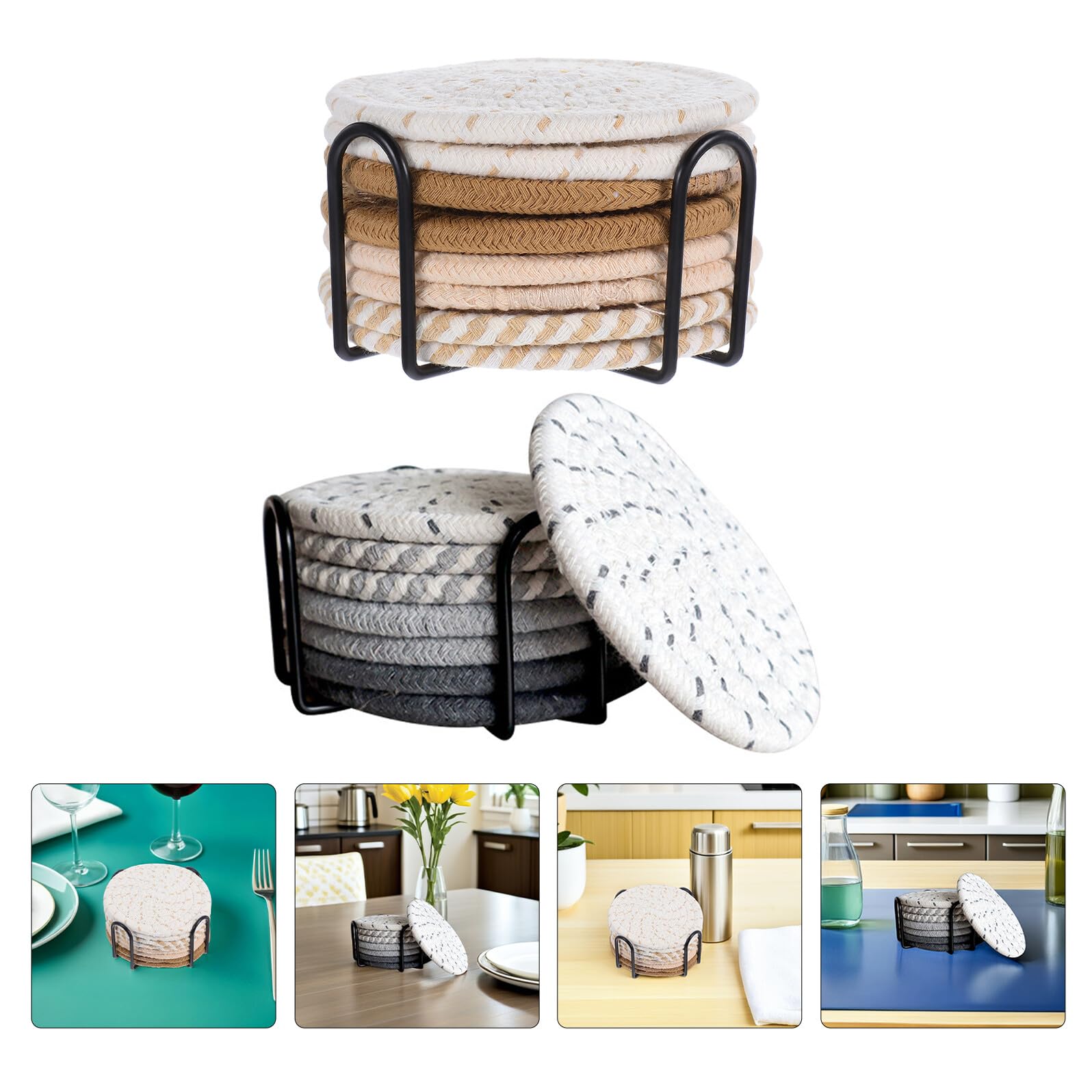 SHINEOFI Posavasos Absorbentes de Algodón Soporte 11 CM 8 Piezas Juego Minimalista para Bebidas y Café Manteles Individuales Tejidos a Mano para Mesa Protección contra Reutilizable