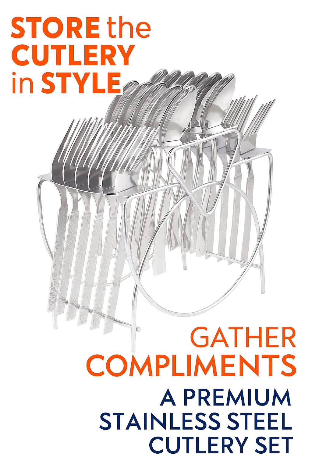 Stainless Steel Cutlery Stand - Forks & Spoons Included -4