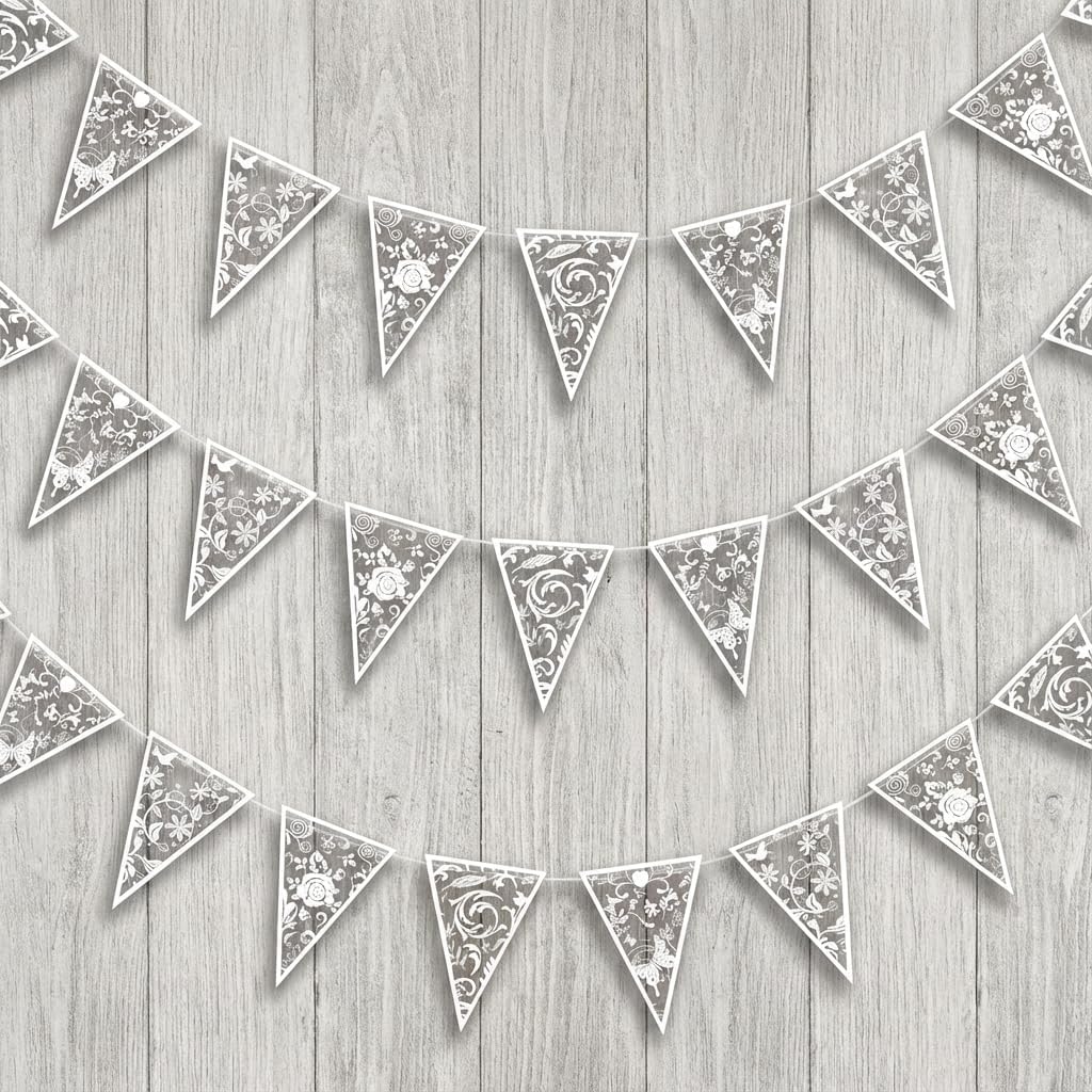 Cheerland White Floral Lace Pennant Banner Triangle Lace Bunting Garland Wedding Decoration Bridal Shower Decorations Anniversary Baby Baptisim Decor Home Indoor Outdoor Garden Tea Party Supplies 4Pcs - Image 4