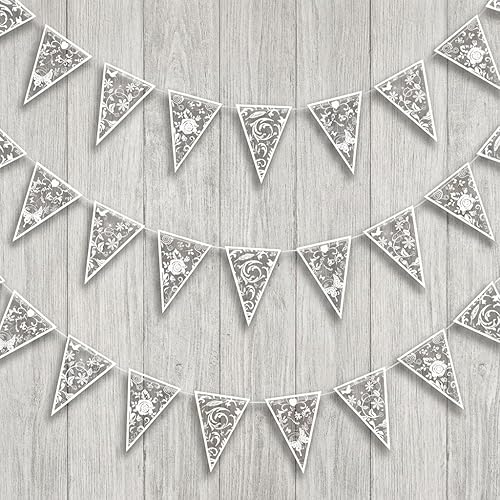 Miniatura 4 de Cheerland Banderín de encaje floral blanco, guirnalda de banderines de encaje triangular, decoración de boda, decoración de despedida de soltera,