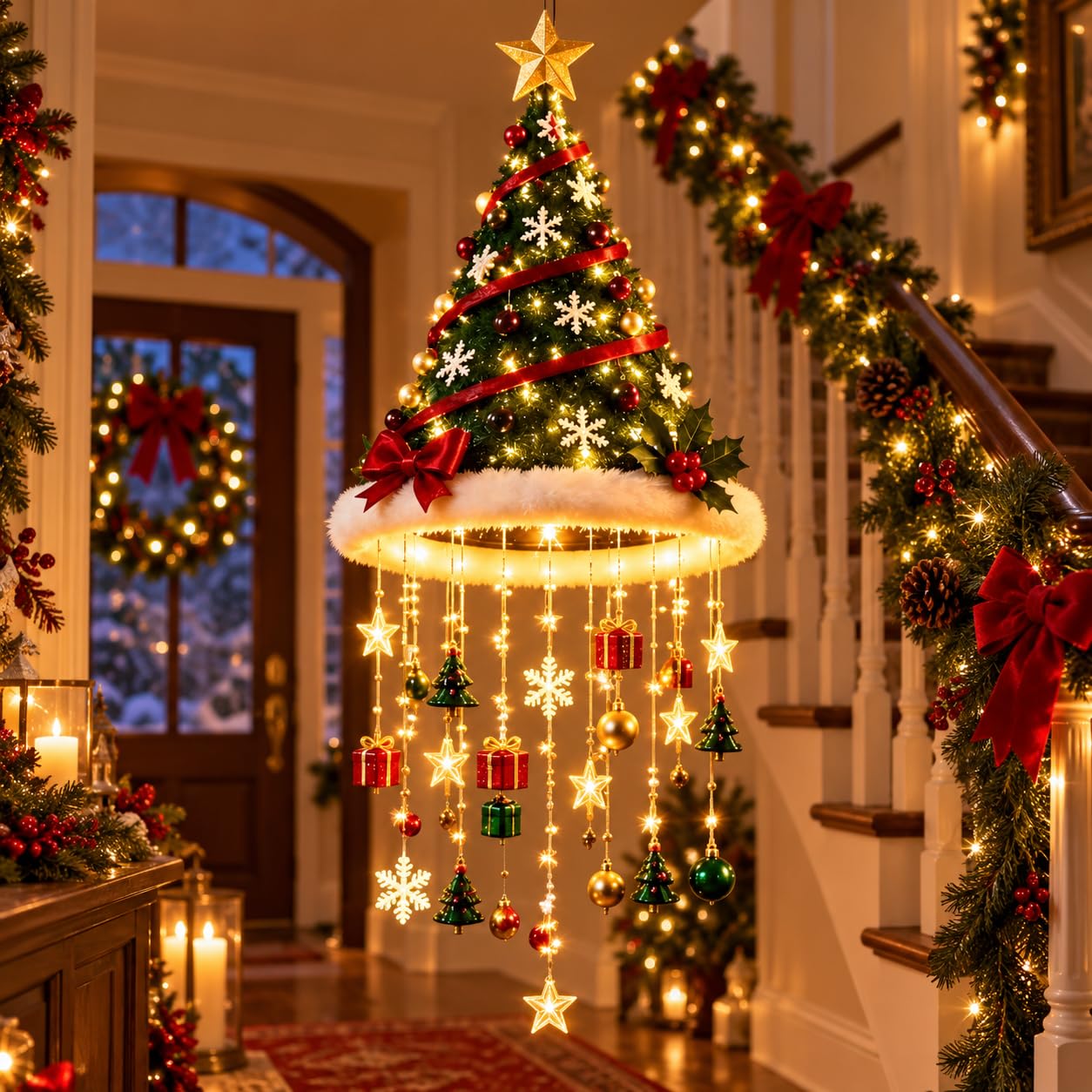 Lighted Santa Hat Hanging Chandelier,Hanging Christmas Ornaments