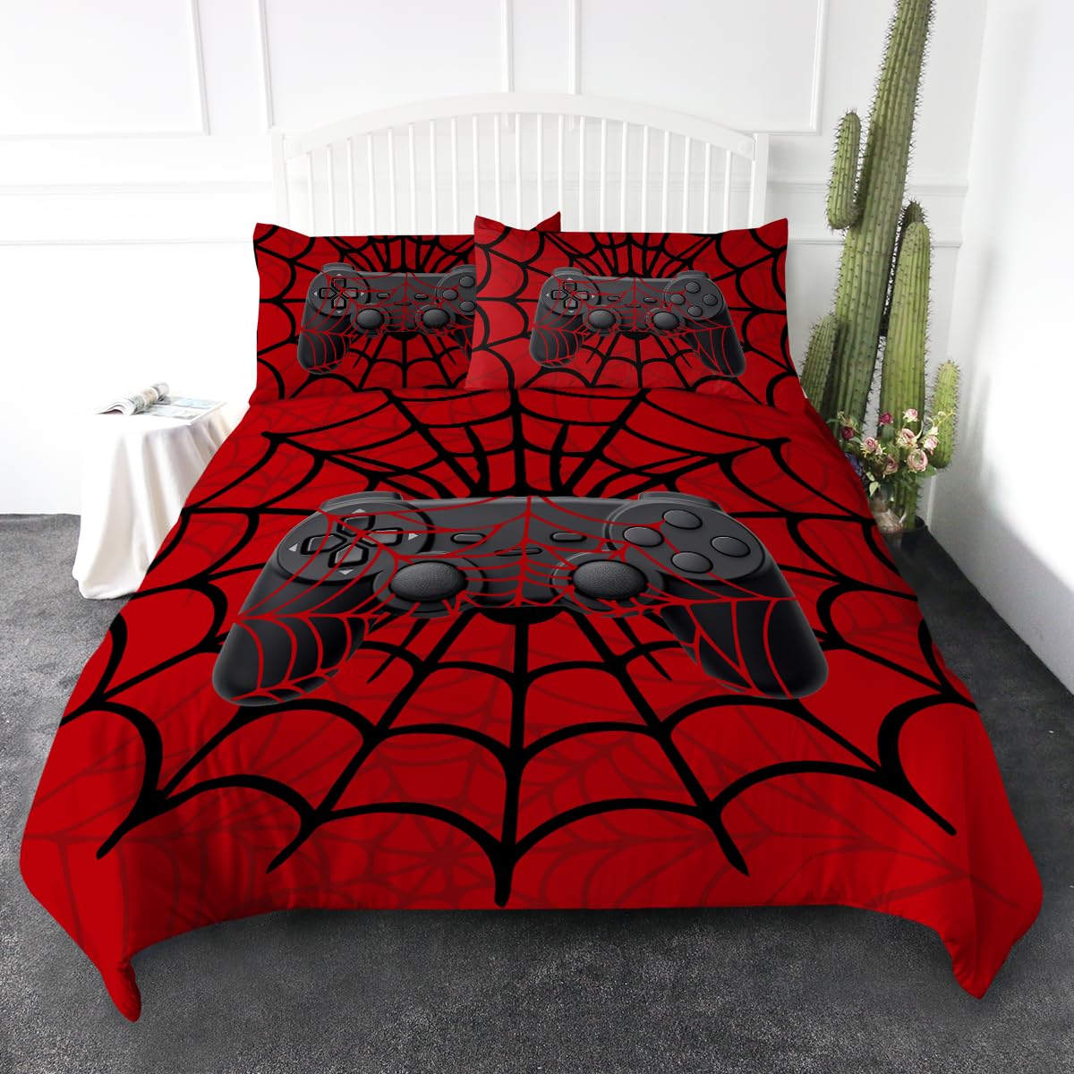 3 Pieces Red Bedding Set Ultra Soft Gamepad Theme Comforter Cover Set Gifts for Men Boys Twin Size Breathable Material Spider Web Print 1 Duvet Cover and 2 Pillowcases