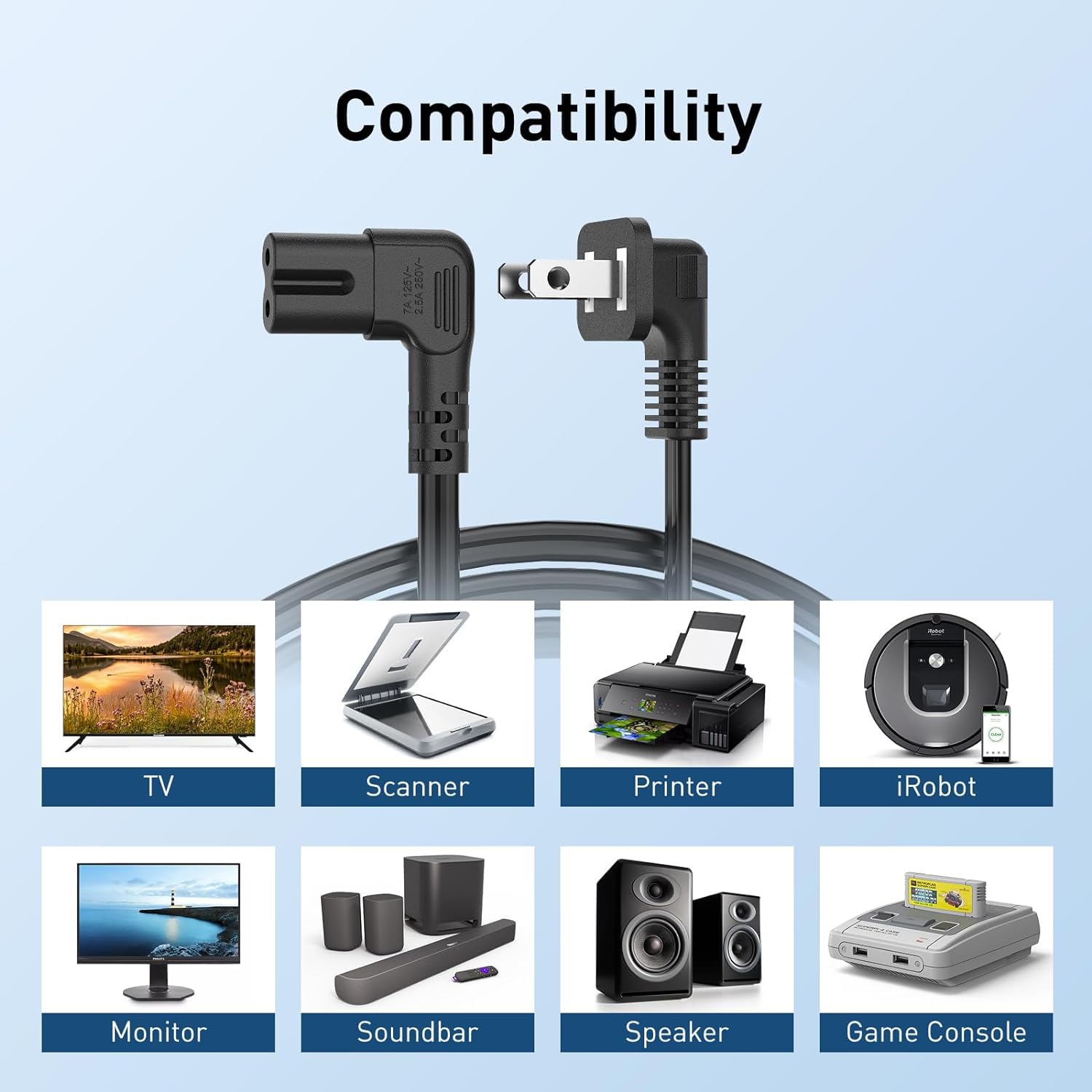 Amazon.com: Printer Power Cord 90 Degree Angled 2 Prong AC Power