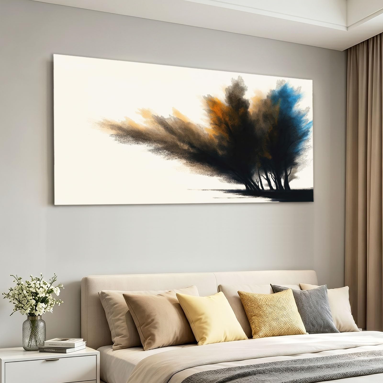 Leinwandbild 120 x 80 cm Leinwandbilder mit Abstrakt, Bild auf Leinwand - Kunstdruck auf Canvas, Bilder Wanddeko für Wohnzimmer, Schlafzimmer, Esszimmer, Tusche Bäume Beige