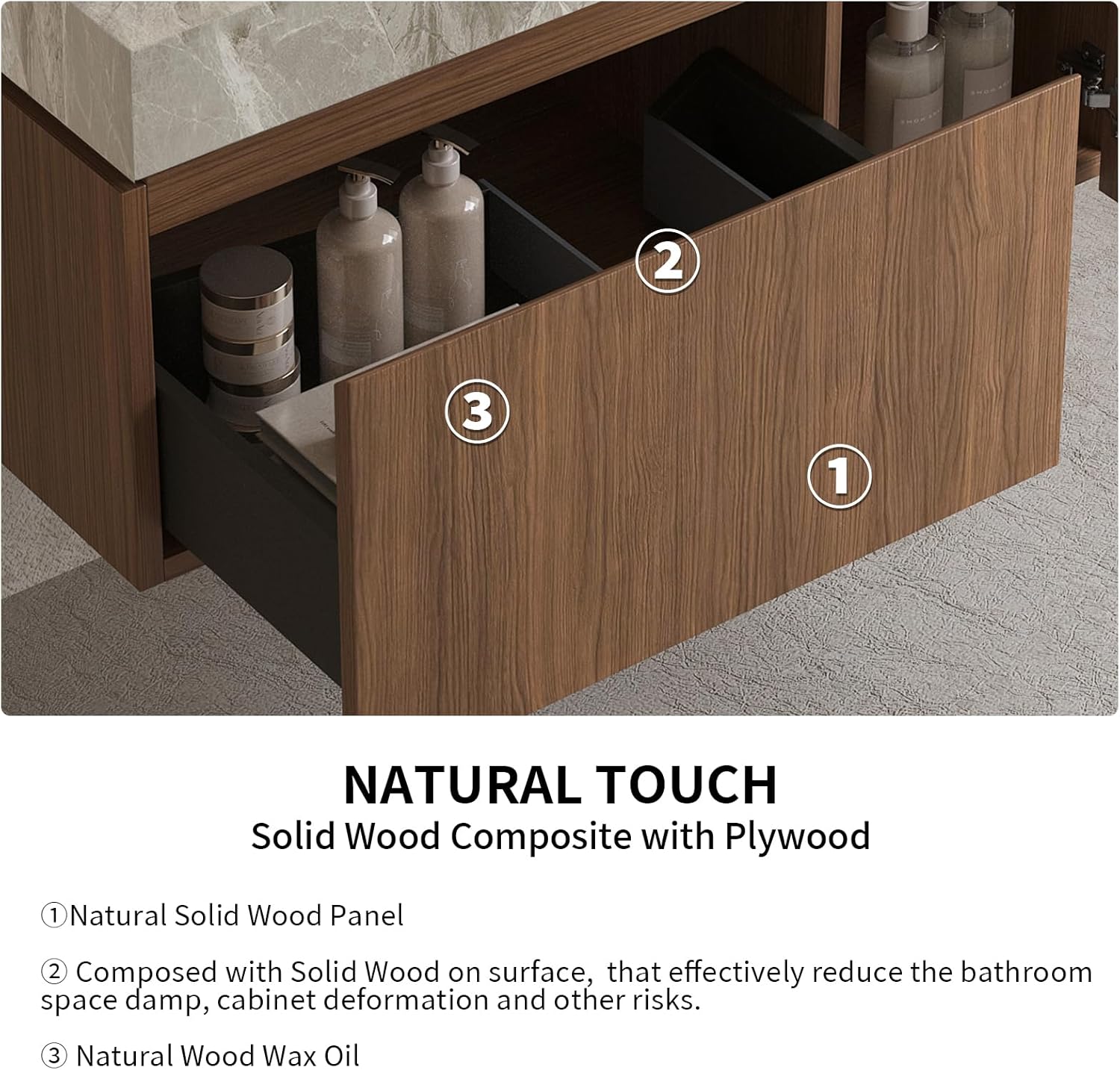 LKTART Floating 36 Inch Bathroom Vanity with Sink, Modern Plywood Wall Mounted Bathroom Storage Cabinet with 1 Door and 1 Drawer, Roma Travertine-Pattern Sintered Stone Countertop and Ceramic Basin