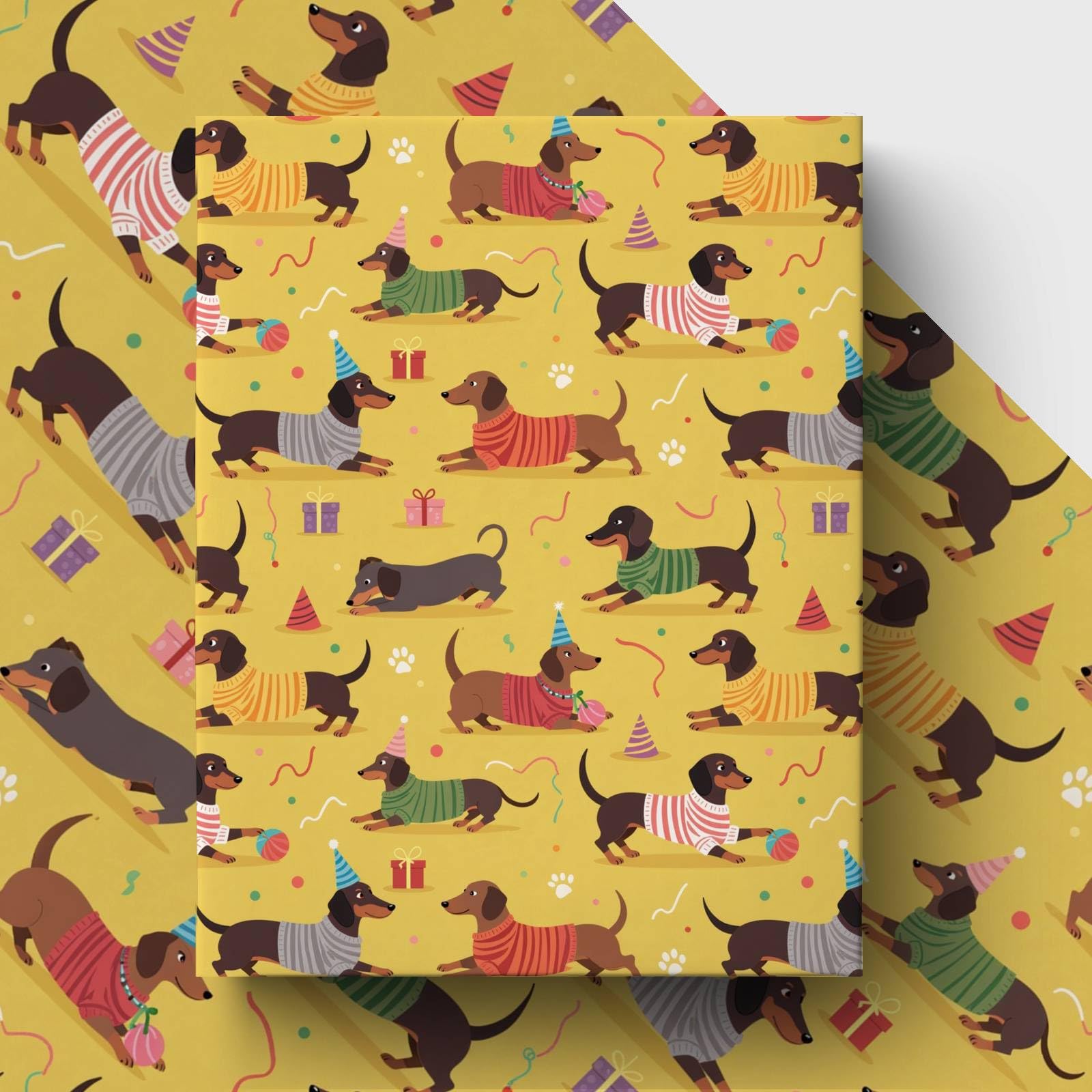 GleeWrap Sausage Dog Wrapping Paper, 4 Sheets 50 x 70 cm, Cute Dachshund Birthday Gift Wrap for Kids & Dog Lovers, Colourful Puppy Party Design