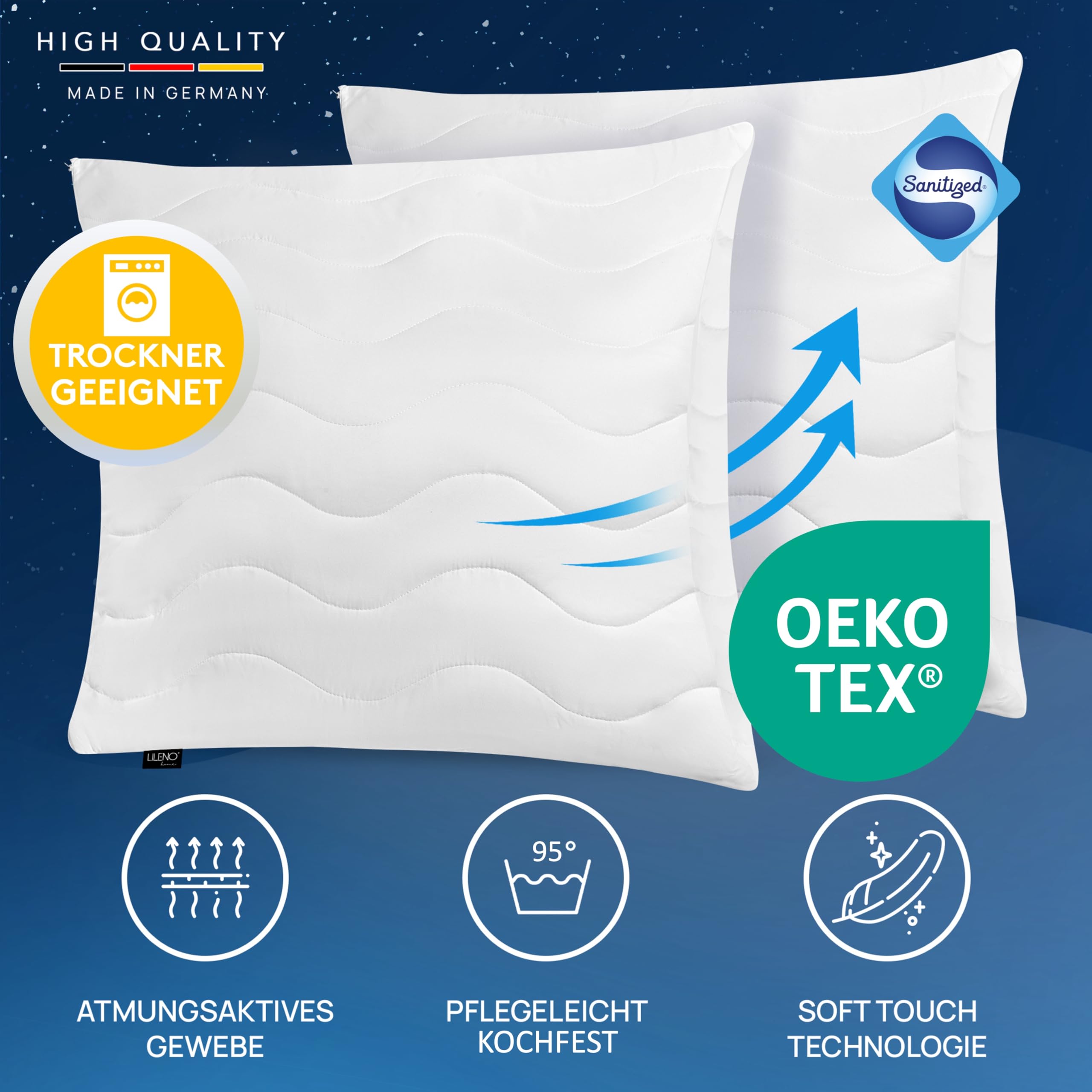 LILENO HOME Poduszka 80 x 80 [zestaw 2 szt.] – idealna na kołdrę 135 x 200 cm – odporna na gotowanie do 95°C i antybakteryjna – poduszka dla alergików