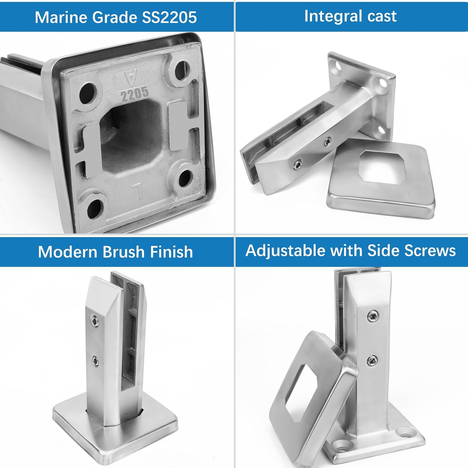 LukLoy Heavy Duty 2.1lb Marine Grade SS2205 Glass Pool Fence Spigot Railing Clamp for Coastal City Projects, Brushed (4Pack, Each NW 2.1lb, GW 3.0lb) - Level 2