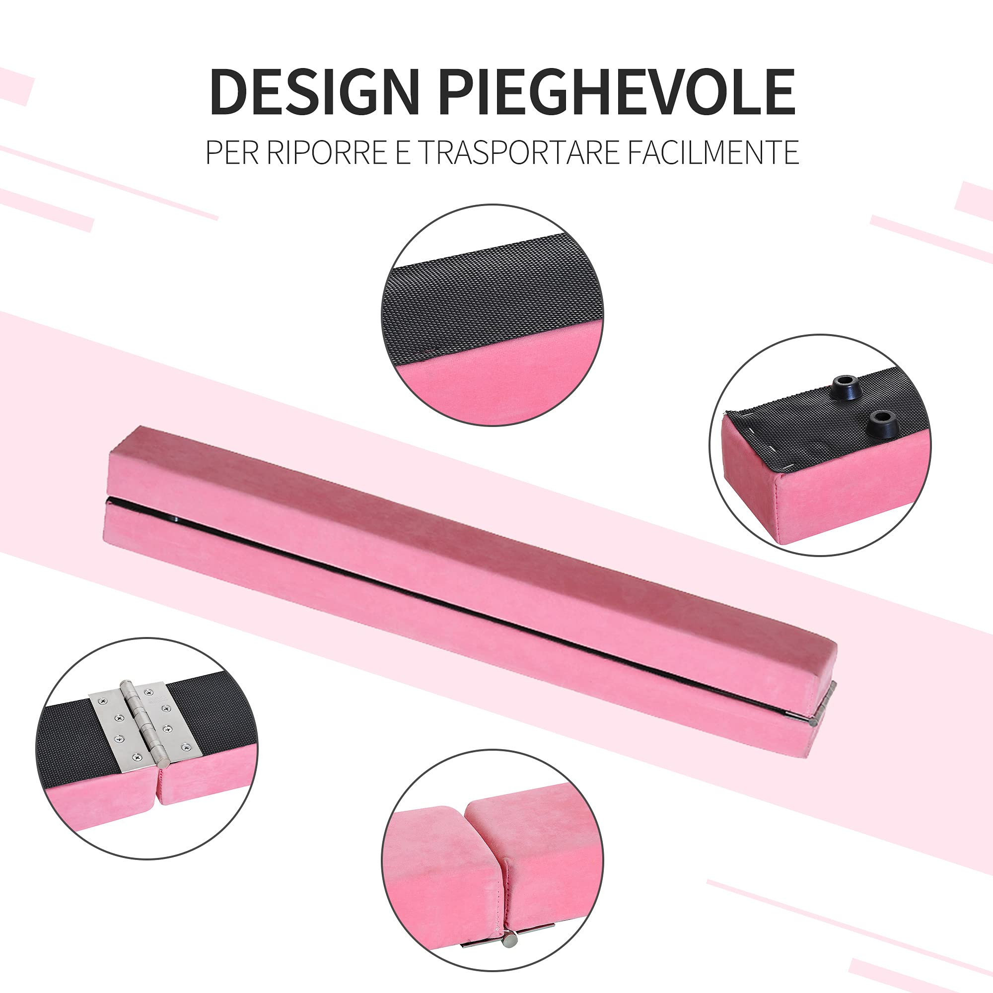 HOMCOM Trave da Ginnastica Equilibrio Allenamento Pieghevole Casa Legno 210 × 10 × 6.5cm Rosa