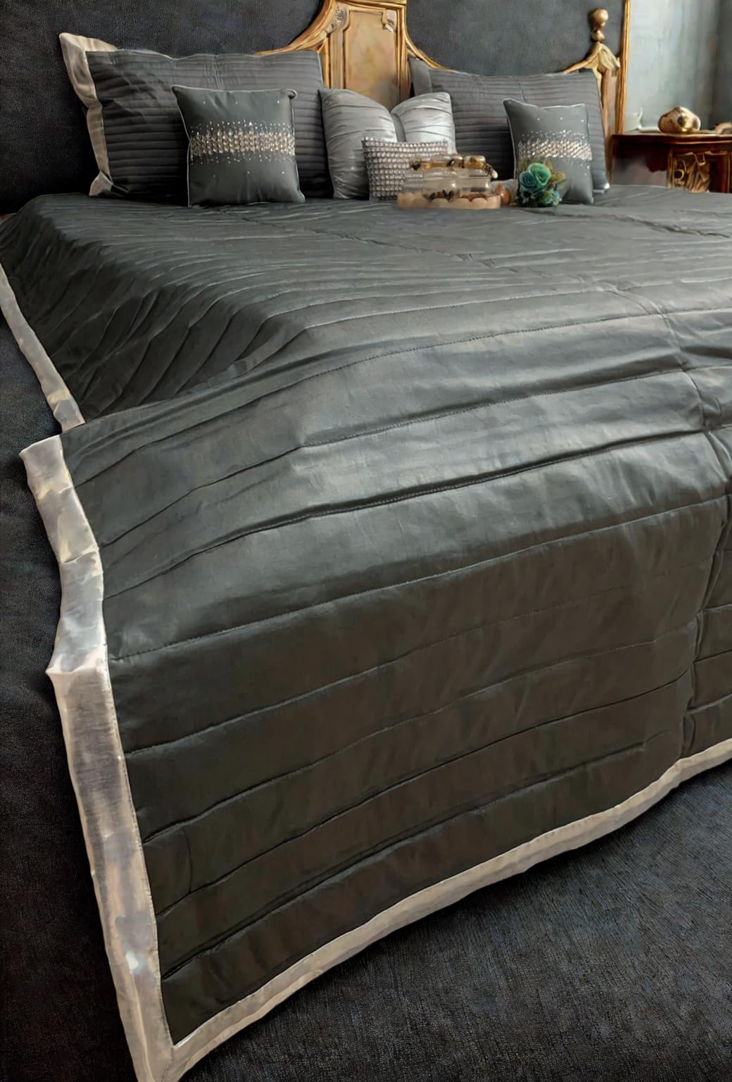 ADCO AuraDecor Luxe Quilted Bedspread Set, 7 Pieces, King Size 270 x 250 cm, Black and Cream (Black, Geometric)-image-8
