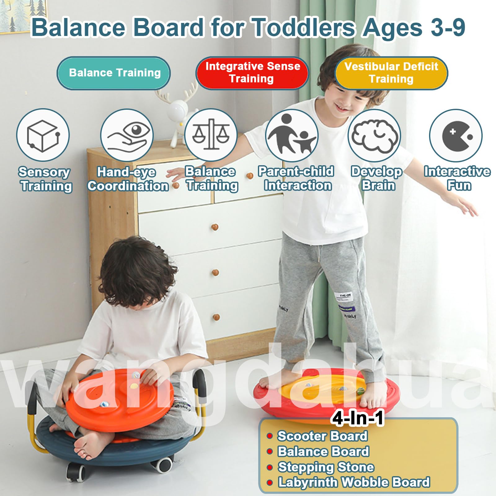 4-in-1 Wobble Board for Kids, Labyrinth Balance Board with 5 Balls, Scooter Board with Handles, Plastic Rocker Board Sensory Balance Wobble Disk for Kids Age 3-9, Toddler Physical Therapy Toy,Blue