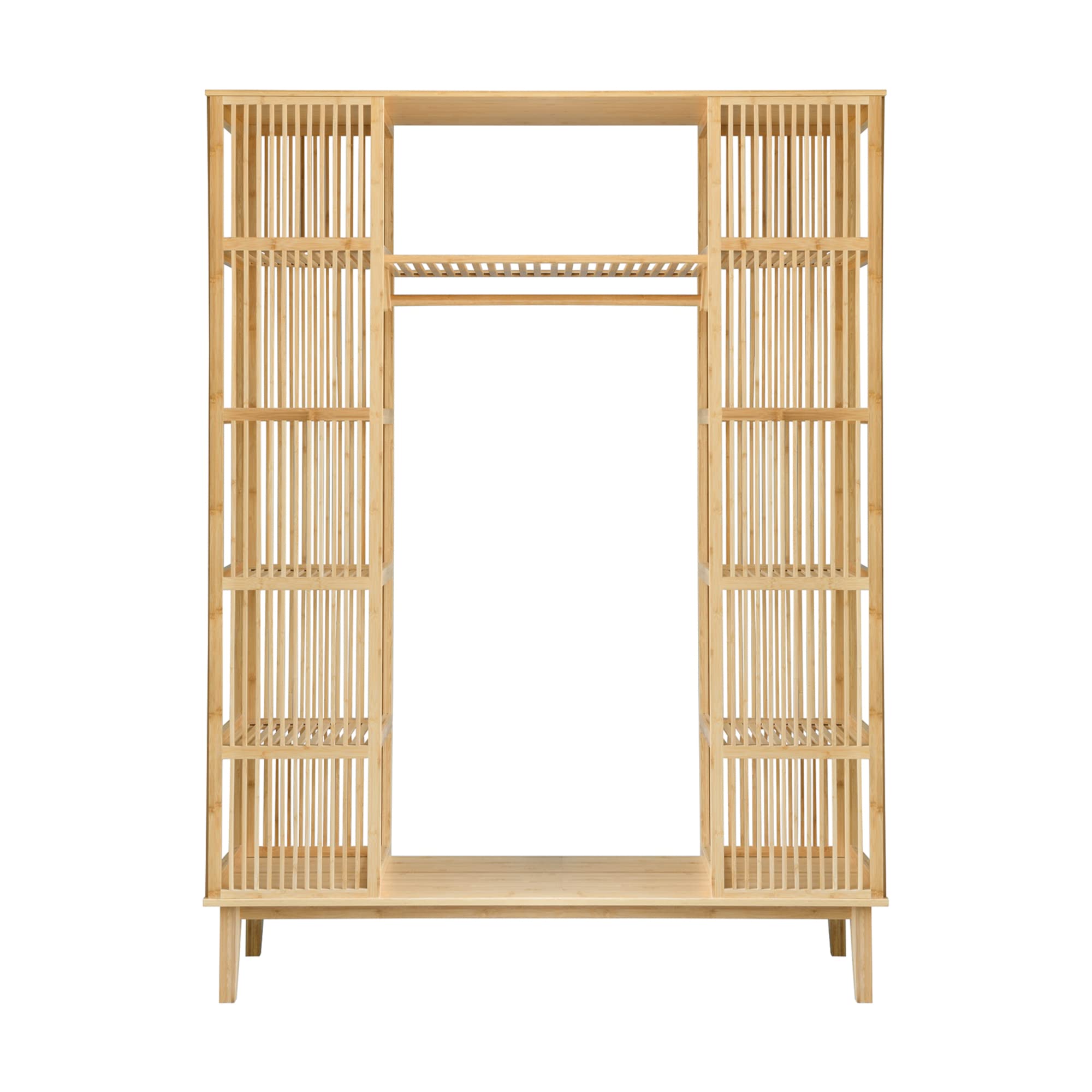 [en.casa] Garde-Robe Solide à 2 Portes Coulissantes Portant avec Étagère Meuble de Rangement 12 Surfaces de Stockage Tringle Bambou 185 x 140 x 45 cm Naturel