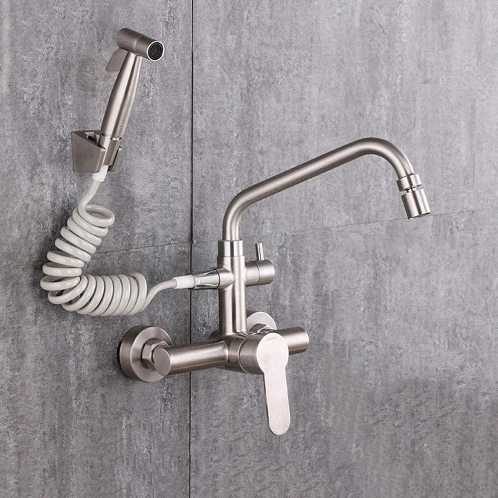 Wall Mounted Kitchen Taps Stainless Steel Hot and Cold 360°Rotating Multi-Function Faucet with Spray Gun Double Hole Mixer Tap Brushed-A Needed