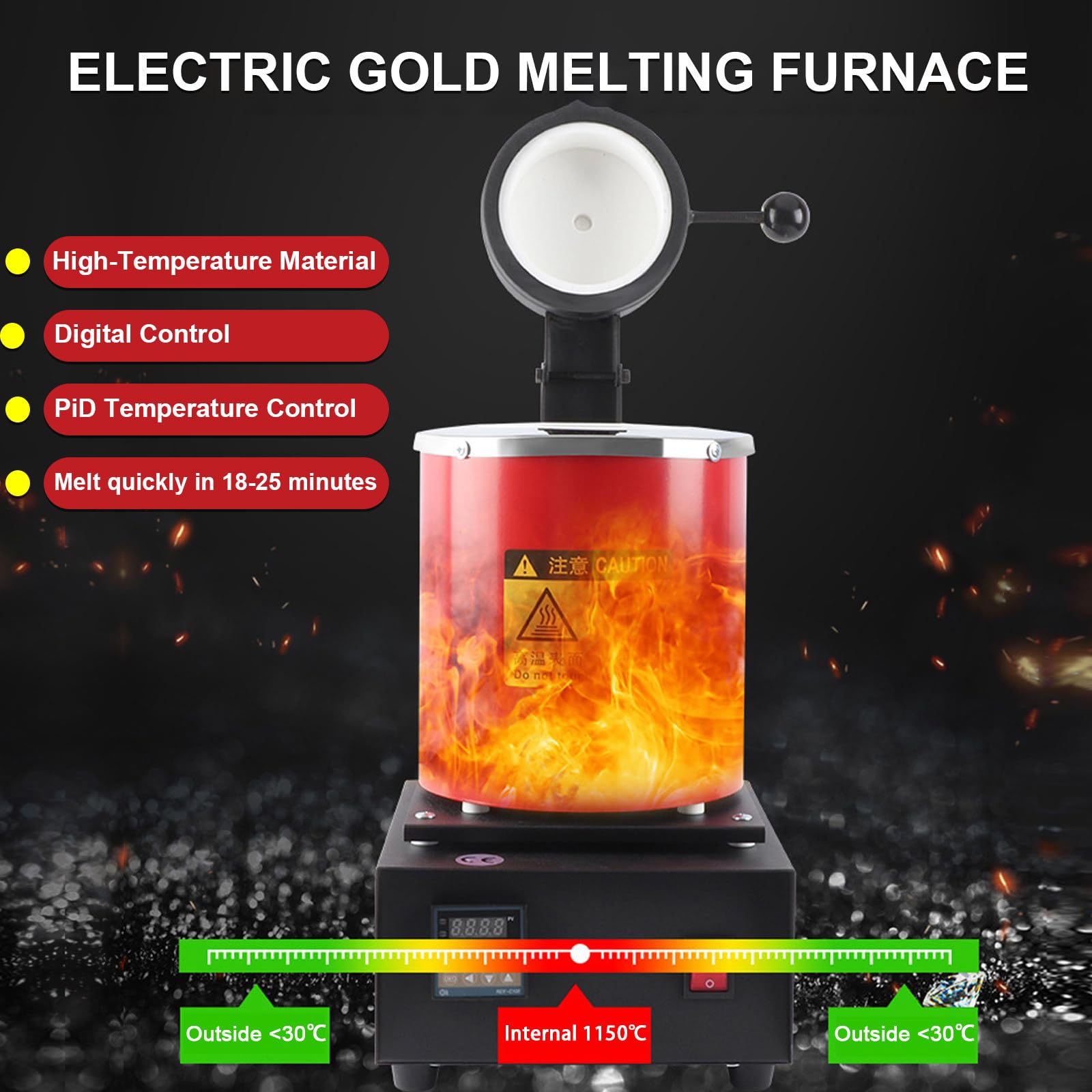 Horno De Fundición Digital Eléctrico De 1400 W, con Control Pid Y Crisol De Grafito para Fundir Oro, Plata, Cobre Y Aluminio (1150 °C/2102 °F) 2kg-Black