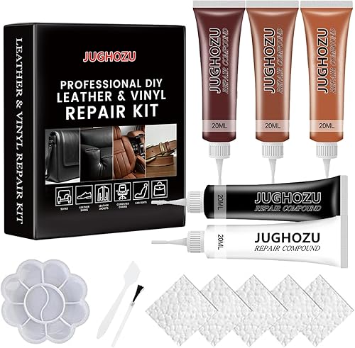 Jughozu Leather Repair Kit for Furniture, Jacket, Sofa, Car Seats, Purse, Vinyl Repair Kit with 3-Step Easy Instructions to Match Any Color. Fix Tears, Scratches, Holes & Peeling on Genuine, Faux.